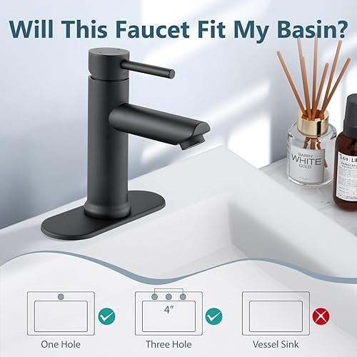 Miniatura 3 de Aolemi Grifo de baño de un solo agujero, grifo de lavabo de baño con líneas de suministro, con drenaje emergente y placa de cubierta, negro mate