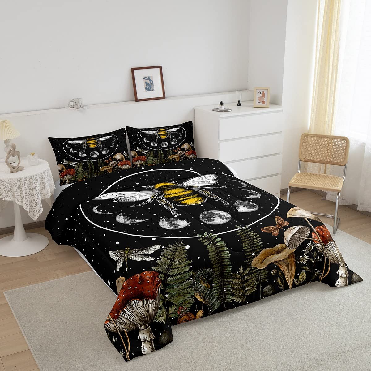 Erosebridal Honey Bee Comforter Set Queen Size Moon Phase Bedding Glitter Stars Bedding Sets & Collections Trippy Cosmos Decor Down Comforter Girls Dragonfly Butterfly Bed Sets for Teens Bedroom 3pcs