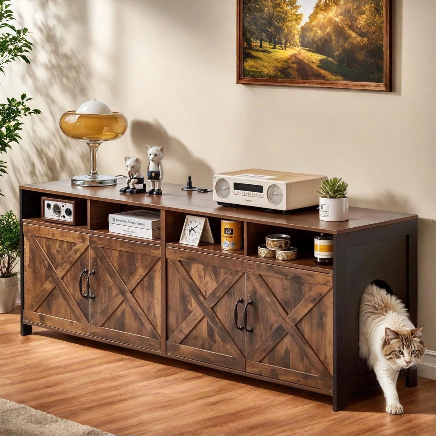 JanflyHome Double Cat Litter Box Enclosure for 2 Cats, 63" Hidden Litter Box Furniture with Outlet Power, Farmhouse Large Litter Box Cabinet TV Stand,