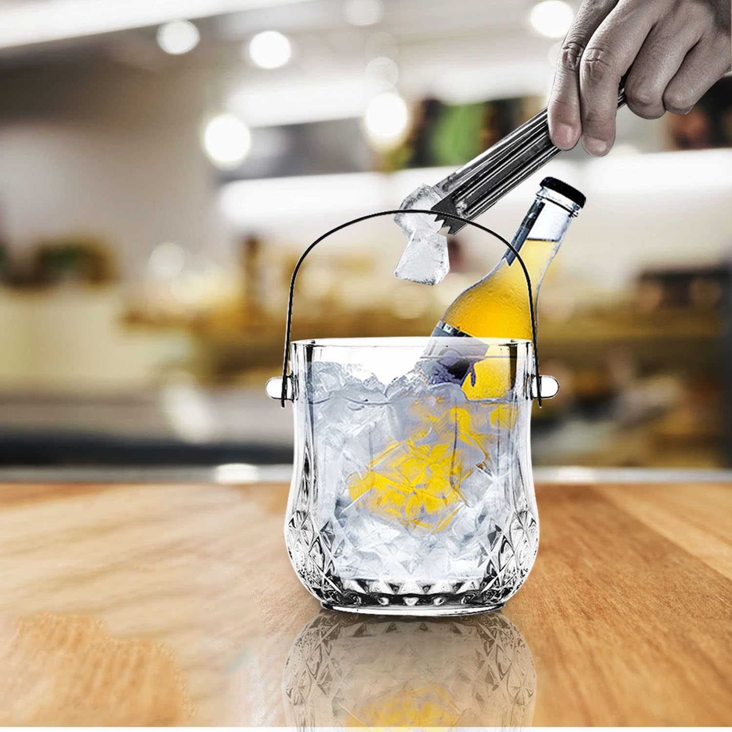 ABHOME Seau à glace en verre avec poignée en acier inoxydable et pince pour bar, fête, cocktail, barbecue dans le jardin, pique-nique, camping – Seau à vin/champagne en verre, transparent (type 1)