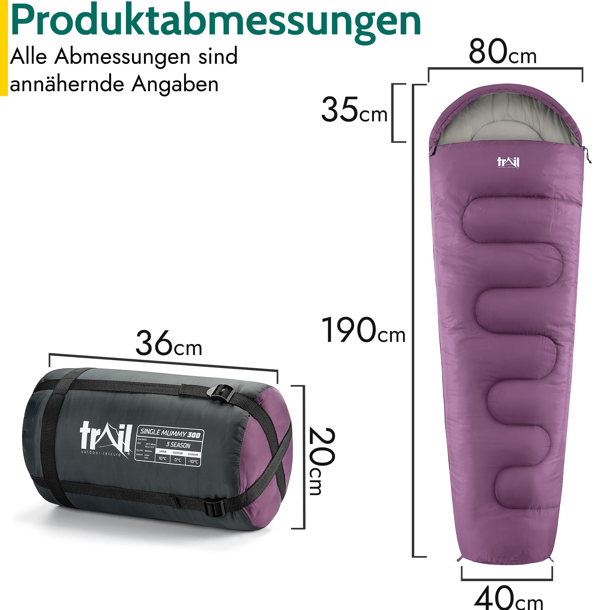 Trail 1-Personen Schlafsack für Erwachsene – Schlafsack 3 Jahreszeiten, Outdoor Frühling Herbst Winter – 300 GSM – für Camping im Freien – Innentaschen - Leichter Kompressionssack