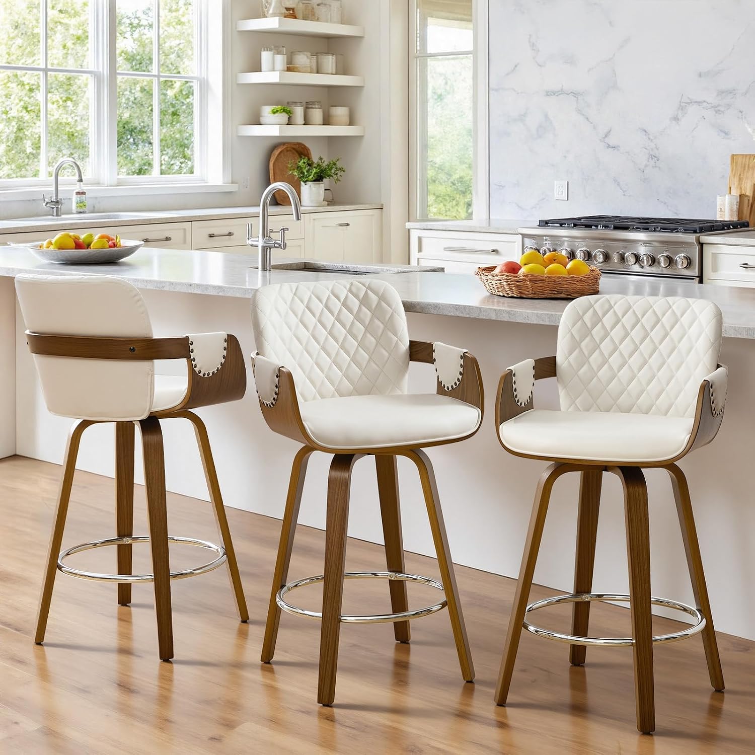 Swivel Bar Stools Set of 3, 26" Counter Height Bar Stools with Back and Arms, Mid-Century Modern Upholstered Barstools with Walnut Frame Faux Leather Counter Stools for Kitchen Island - Cream White