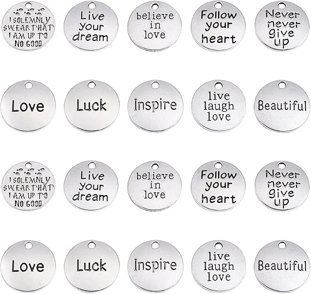 Stiesy 100pcs/box Engraved Motivational Charms Pendants Jewelry Making Accessories Flat Round with Word Love Hope Inspire Dangle Charms for Earring Bracelet Necklace Making