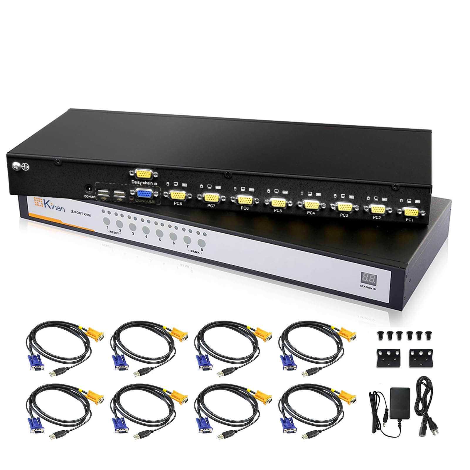 1u rack mount 8 port usb vga kvm switch with 8 usb vga cables - 2048 x 1536 ddc2b, support panel buttons/hotkeys/osd menu/mouse switching, auto scan, control up to 8 computers