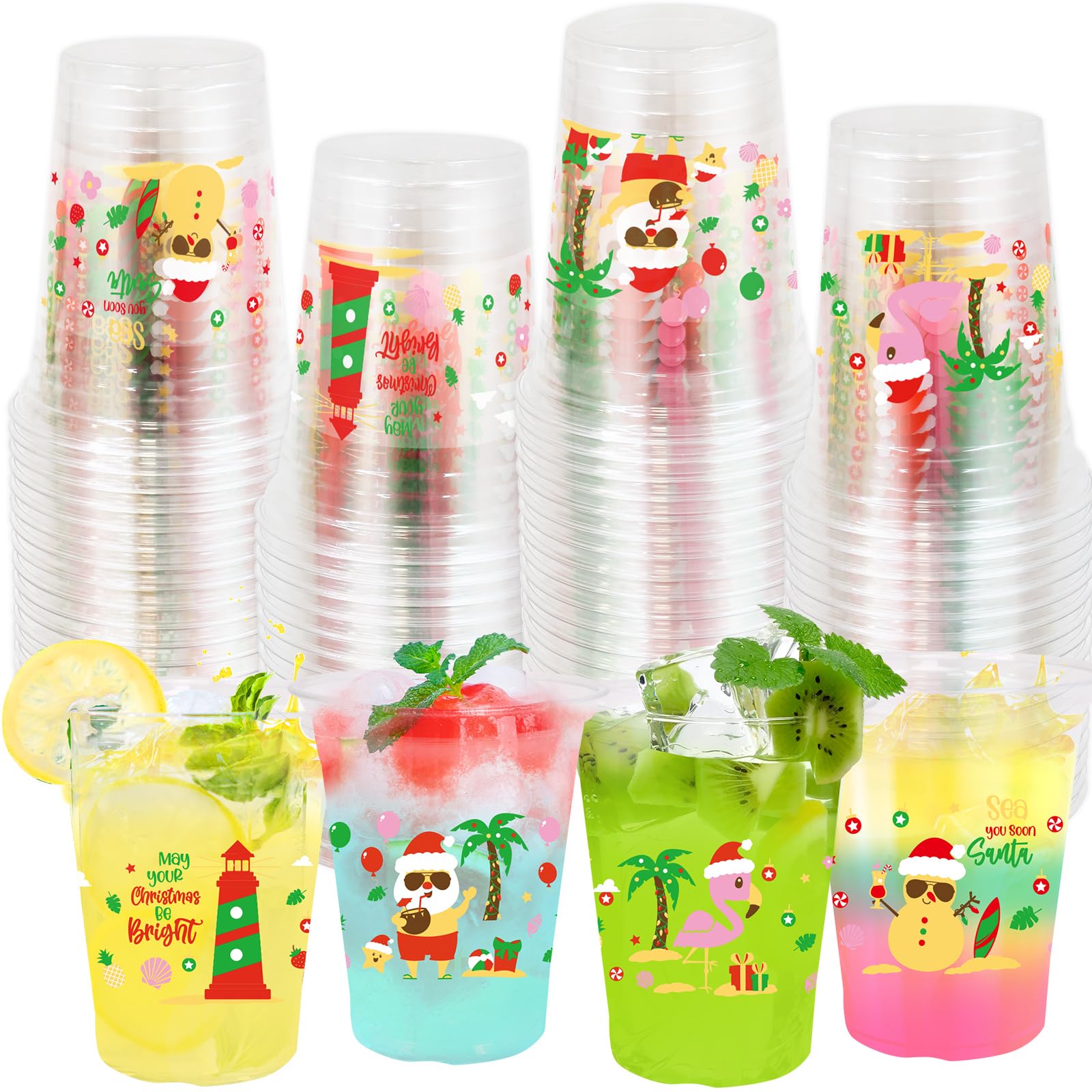 WorldBazaar Christmas in July Plastic Cups 12oz 100PCS Disposable Summer Christmas Party Cups Tropical Hawaiian Luau Tiki BBQ Birthday Party Supplies