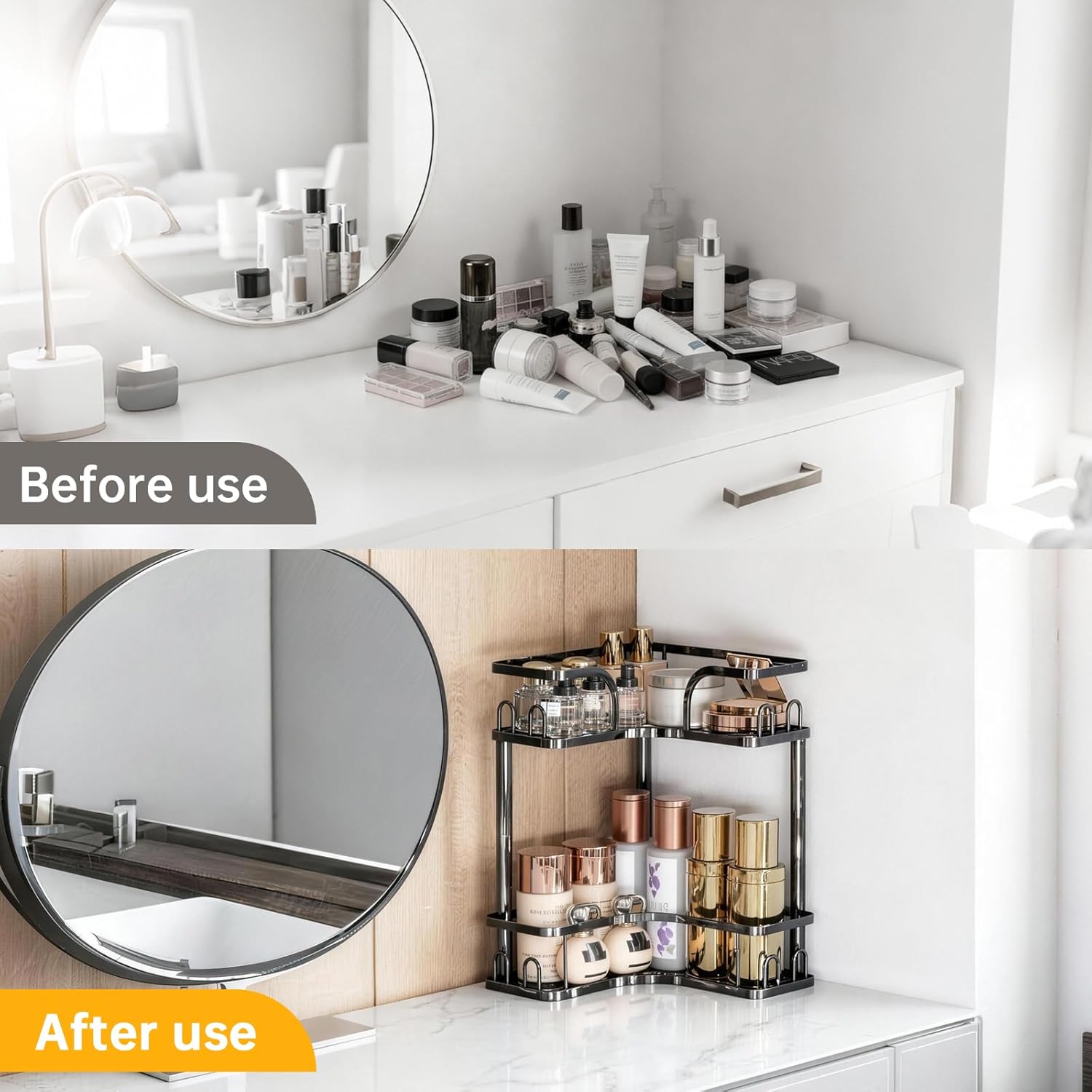 2-Tier Corner Bathroom Counter Organizer, Space Saving Black Vanity Countertop Shelf for Toiletries, Skincare & Makeup, Sturdy Stainless Steel Standing Rack for Bathroom Storage & Kitchen Spices