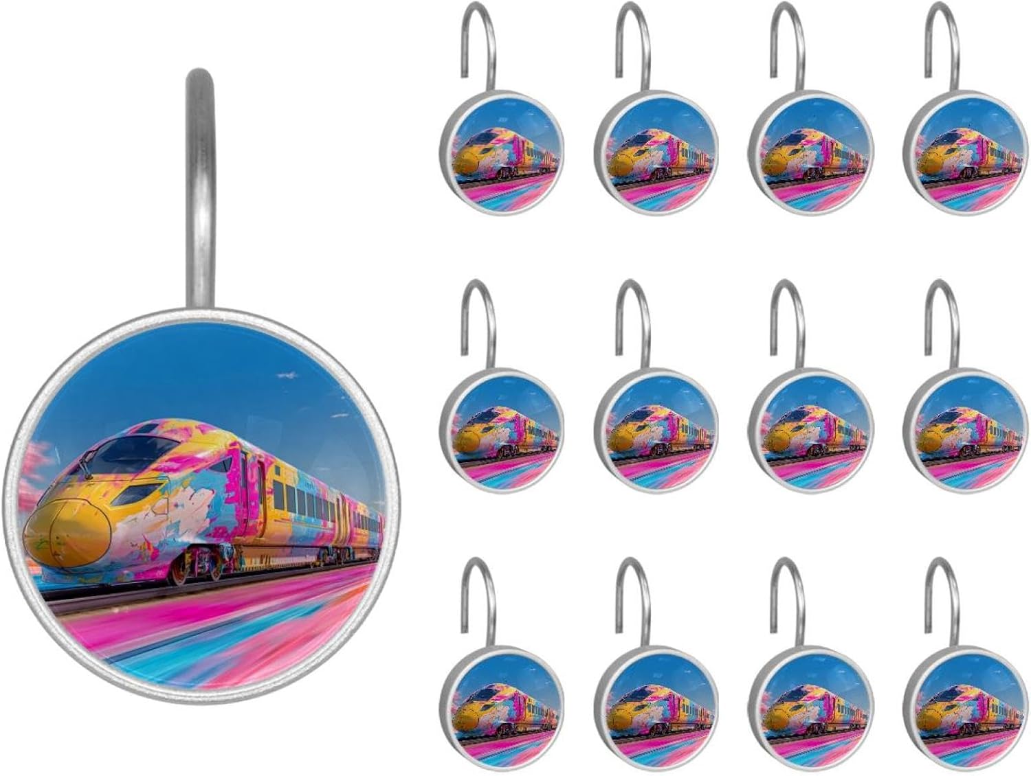 12PCS Colorful High Speed Rail Train (1) Shower Curtain Hooks Rings for Bathroom, Decorative Shower Curtain Hooks Rods Curtains and Liner