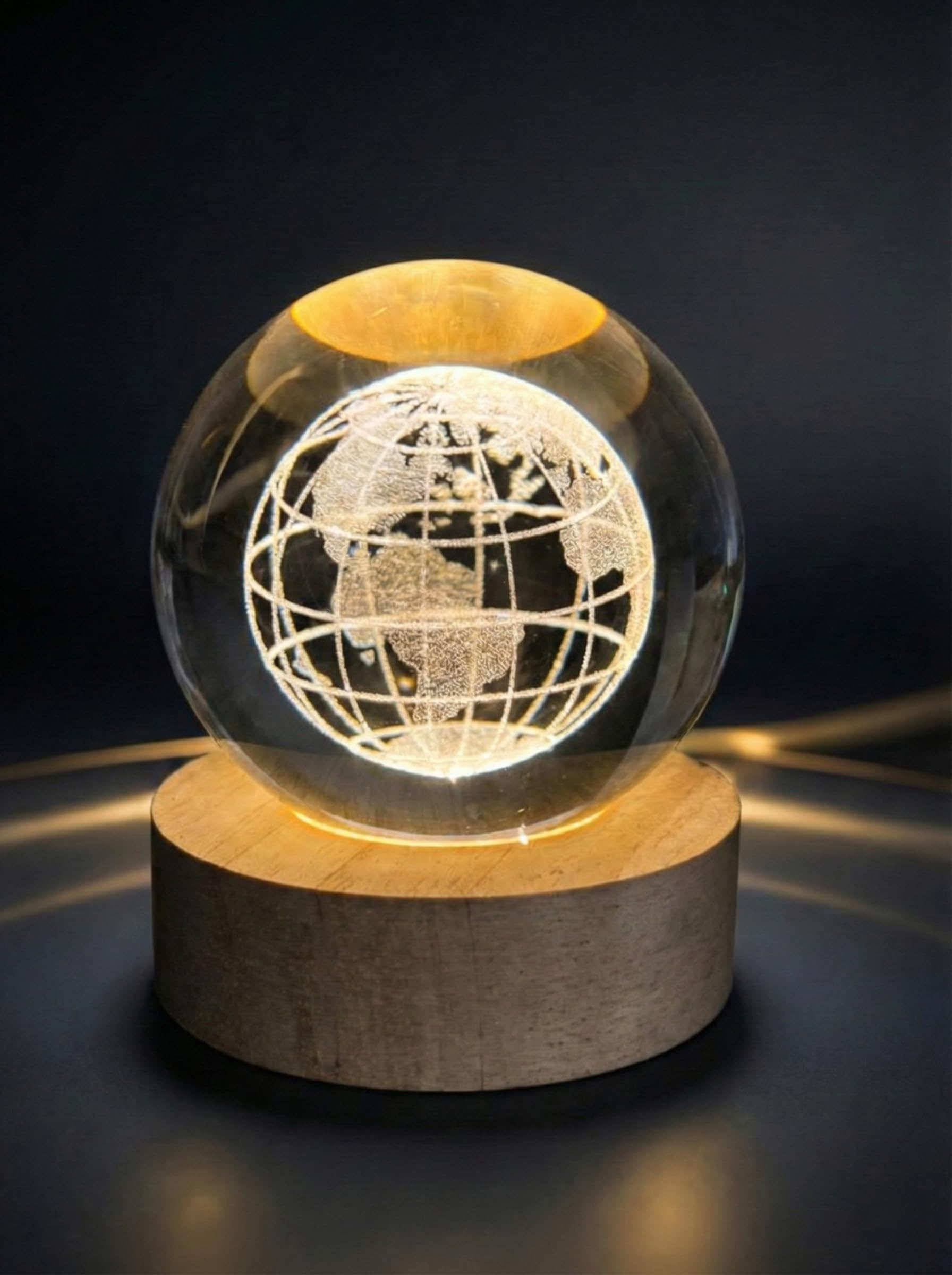 3D Engraved World Map Crystal Ball Night Lamp with Wooden Base, USB Powered, Soft Light, Tabletop-image-17