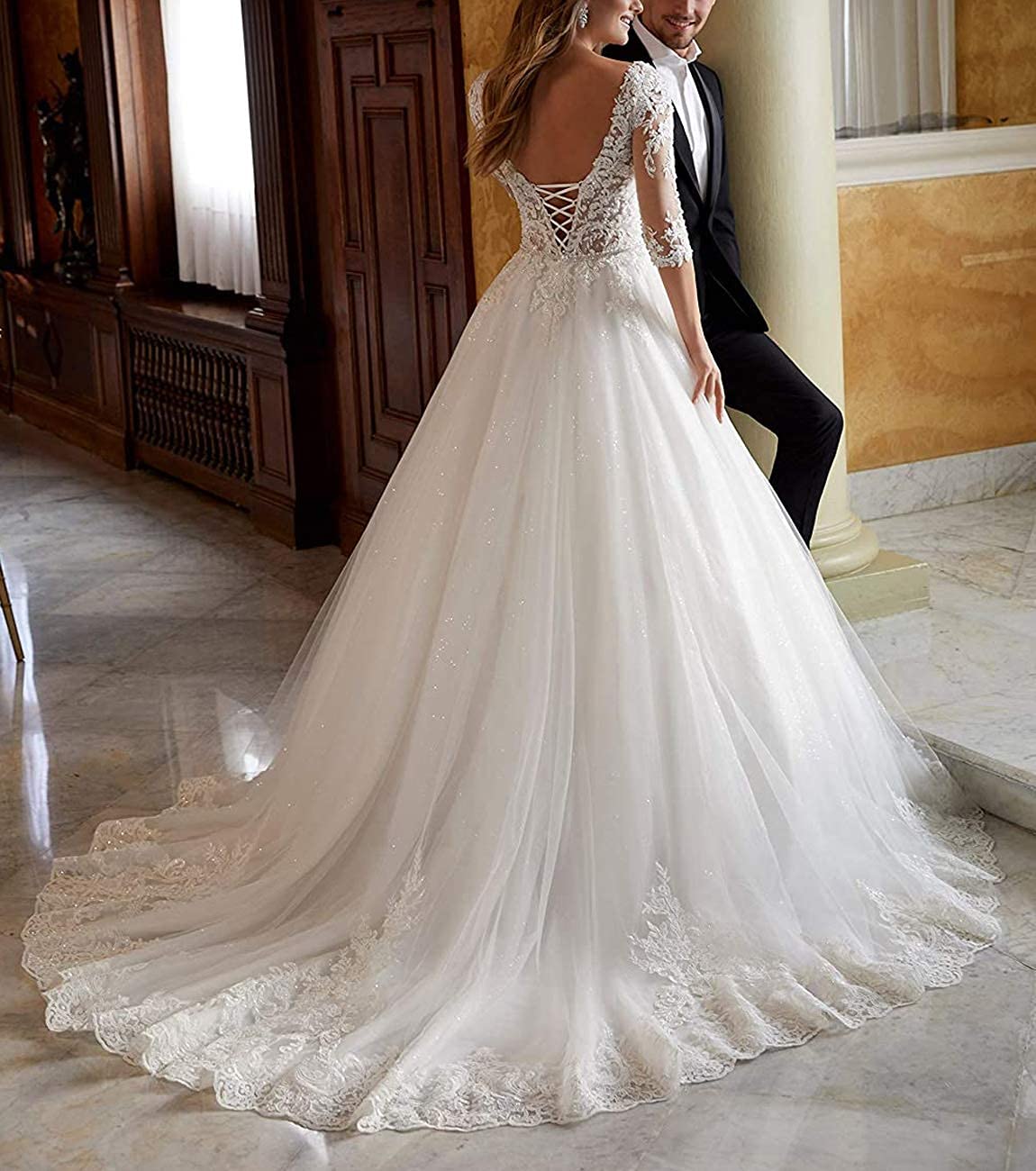 Robe de mariée longue ligne A Princesse Robe de mariée Femme Dentelle Stand Plage Mode de mariée avec manche