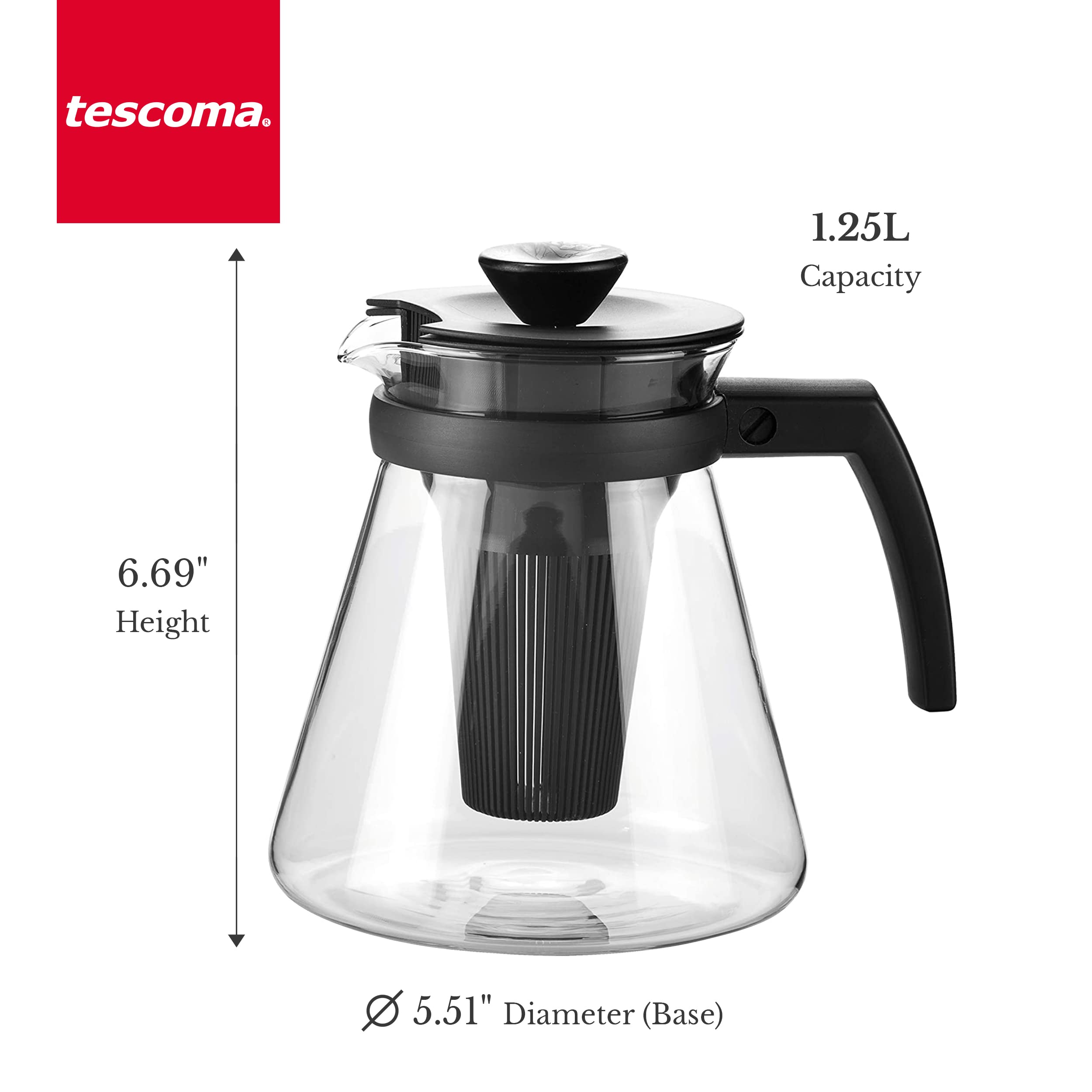 Tescoma 646622 Teo Teiera Con Filtro, Vetro, 1.25 L, ‎Nero, 17.6 x 14.6 x 18.6 cm