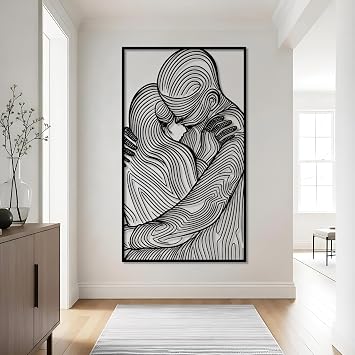 Abstract Couple Metal Wall Art, Minimalist Line Couple Metal Wall Decor, Modern Abstract Couples Hugging Wall Art, Love Sign, Romantic Decoration for Living Room, Bedroom Black, 35"x20"/90x52cm