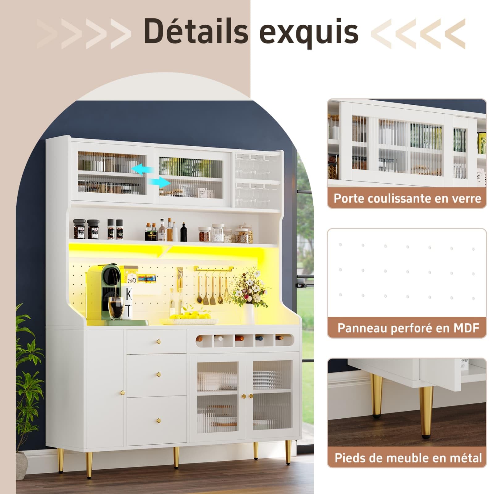 Buffet Salle a Manger,Buffet Haut de Cuisine,Armoire de Salon Moderne,Meuble de Rangemen avec étagères réglables et éclairage LED,Tiroir avec casier à Bouteilles,145x39x171cm (Blanc-A)