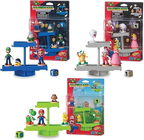 Epoch Games Super Mario - Paquete de juego de equilibrio, 3 juegos de acción de mesa para mayores de 4 años con 12 figuras de acción coleccionables