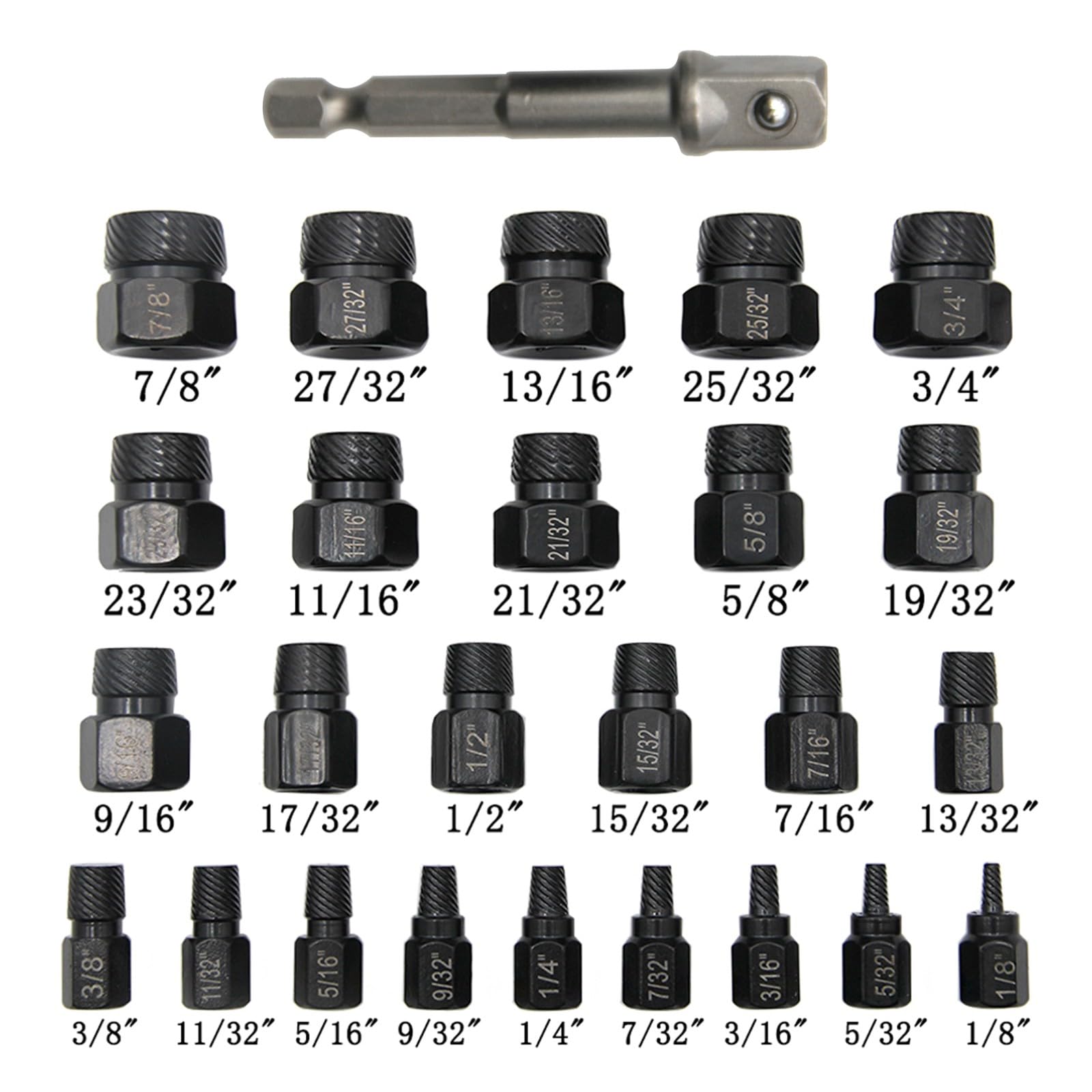 Juego de extractor de tornillos, kit de extracción de pernos, herramienta de perno roto, accionamiento 3/8, acero de alto carbono, 26 piezas para sujetadores dañados