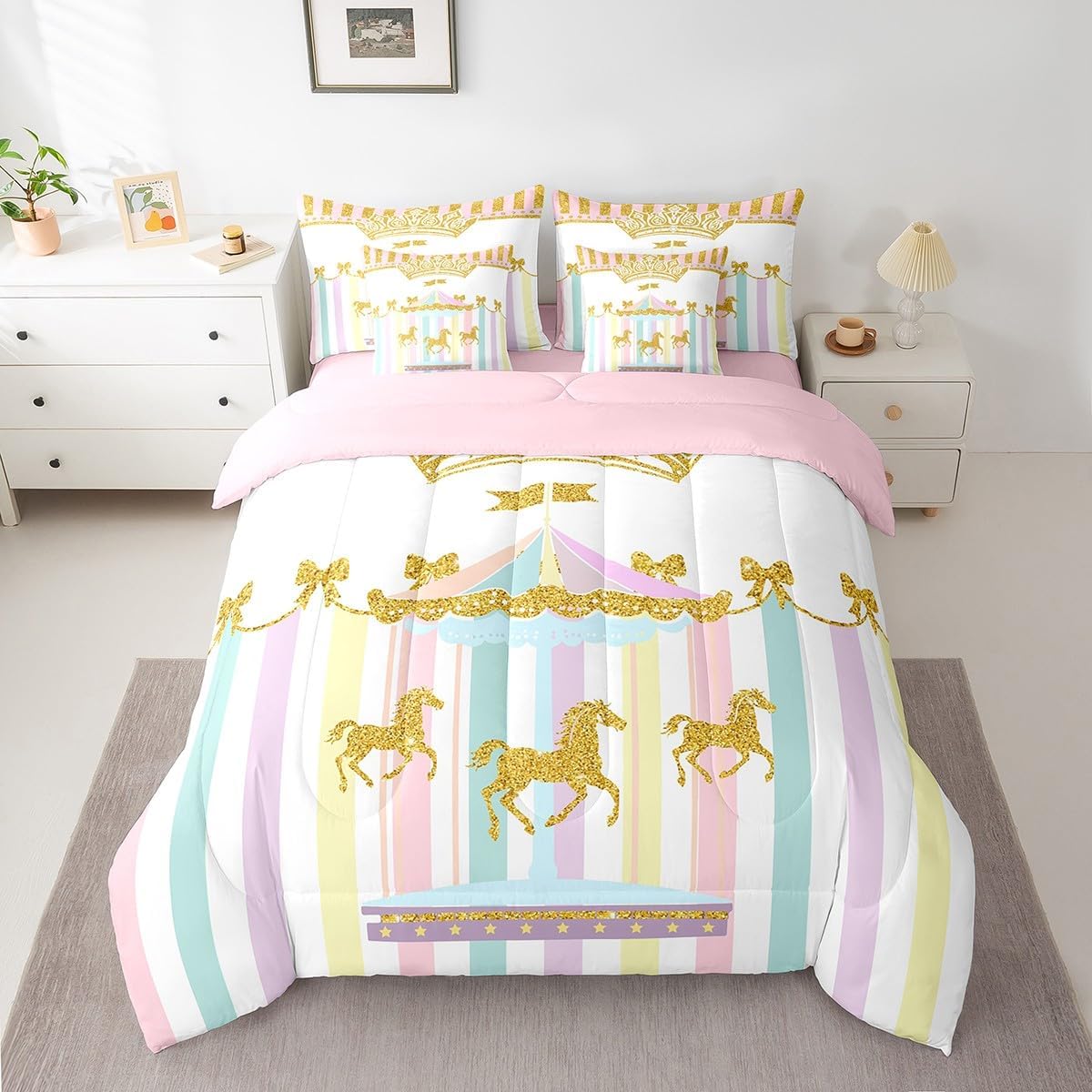 Carousel 7 Pcs Comforter Set Queen Size Bed in a Bag,Goldern Princess Horse Bed Set Room Decor,Girls Women Kids Bedding Sets with Comforter,Flat,Fitted Sheet,Pillowcases,Pillow Covers