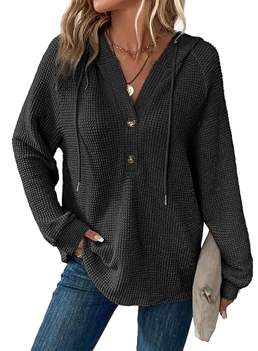 Cuptacc Hoodie Damen Waffel Locker Kapuzenpullover Knopfleiste Sweatshirt V-Ausschnitt Mit Kordelzug Langarm Pullover Damen Mit Kapuze - Schwarz - XXL