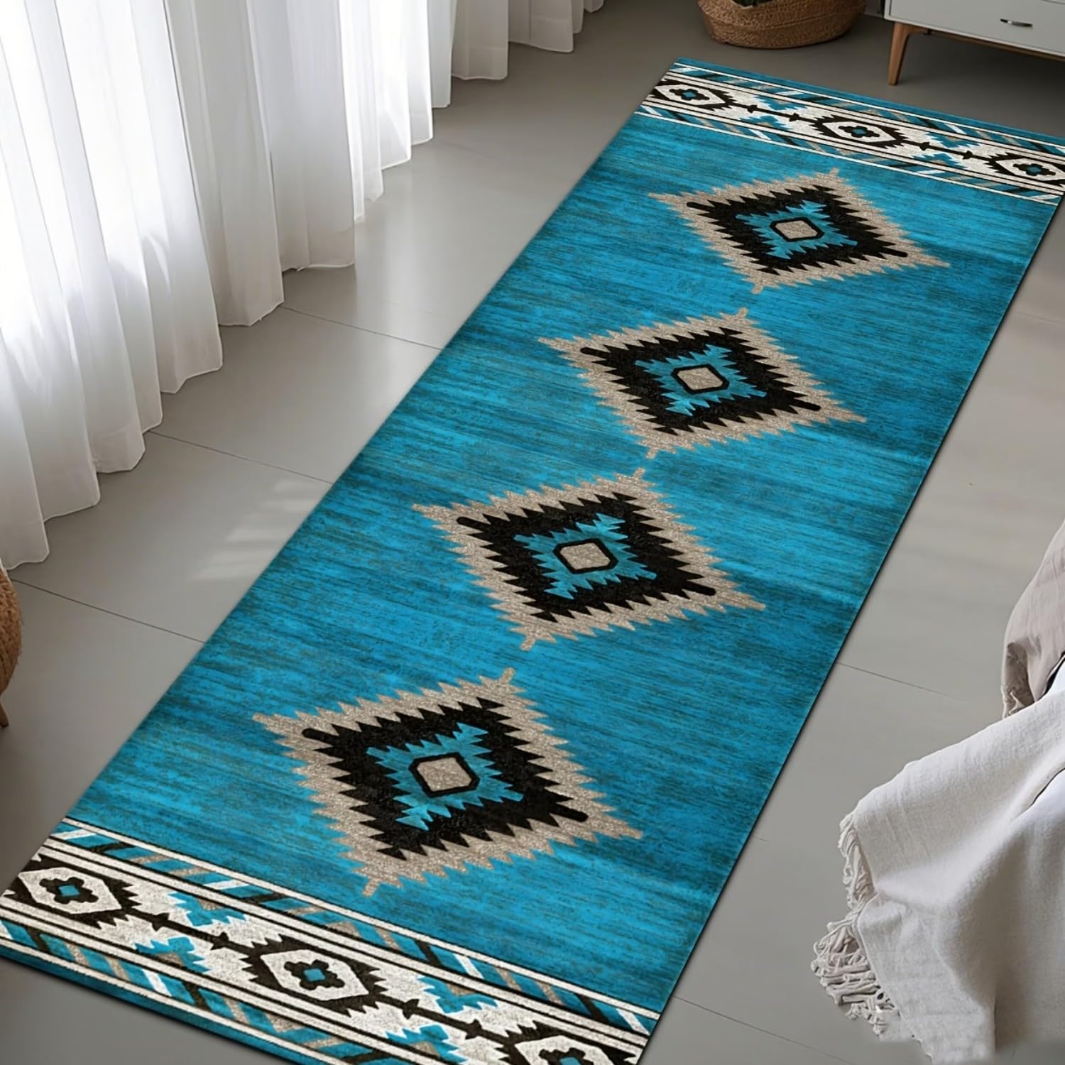 RICAUOU Western Runner Rug, 60x240cm Vintage Tribal Plaid Texture in Blue Washable Hallway Rugs With Non-Slip, Low-Pile, Soft Indoor Entryway Design Southwestern Decor Accent for Office or Dorm