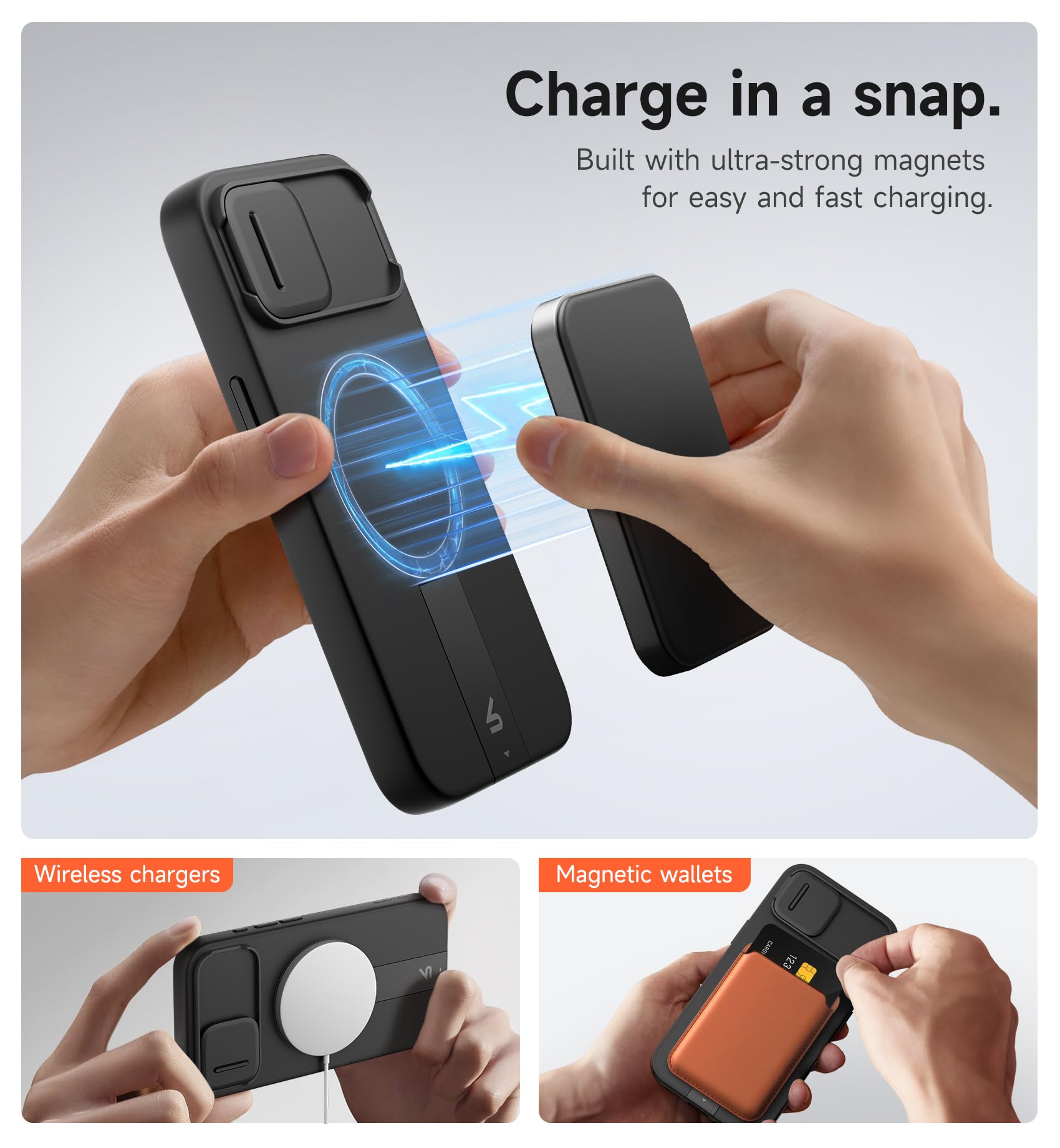 SURITCH Funda Magnética Compatible con iPhone 16e/17e, Carcasa de amortiguación a Prueba Protectora con Tapa de cámara Deslizante y Soporte Ajustable(Negro)