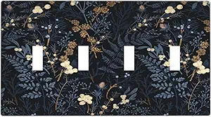 Decorative Switch Plate Covers Rustic Navy Dark Blue Leaves Golden Floral 4 Gang Light Switch Cover Plate Quad Toggle Wall Plate Light Switch Covers for Bedroom Home Decor
