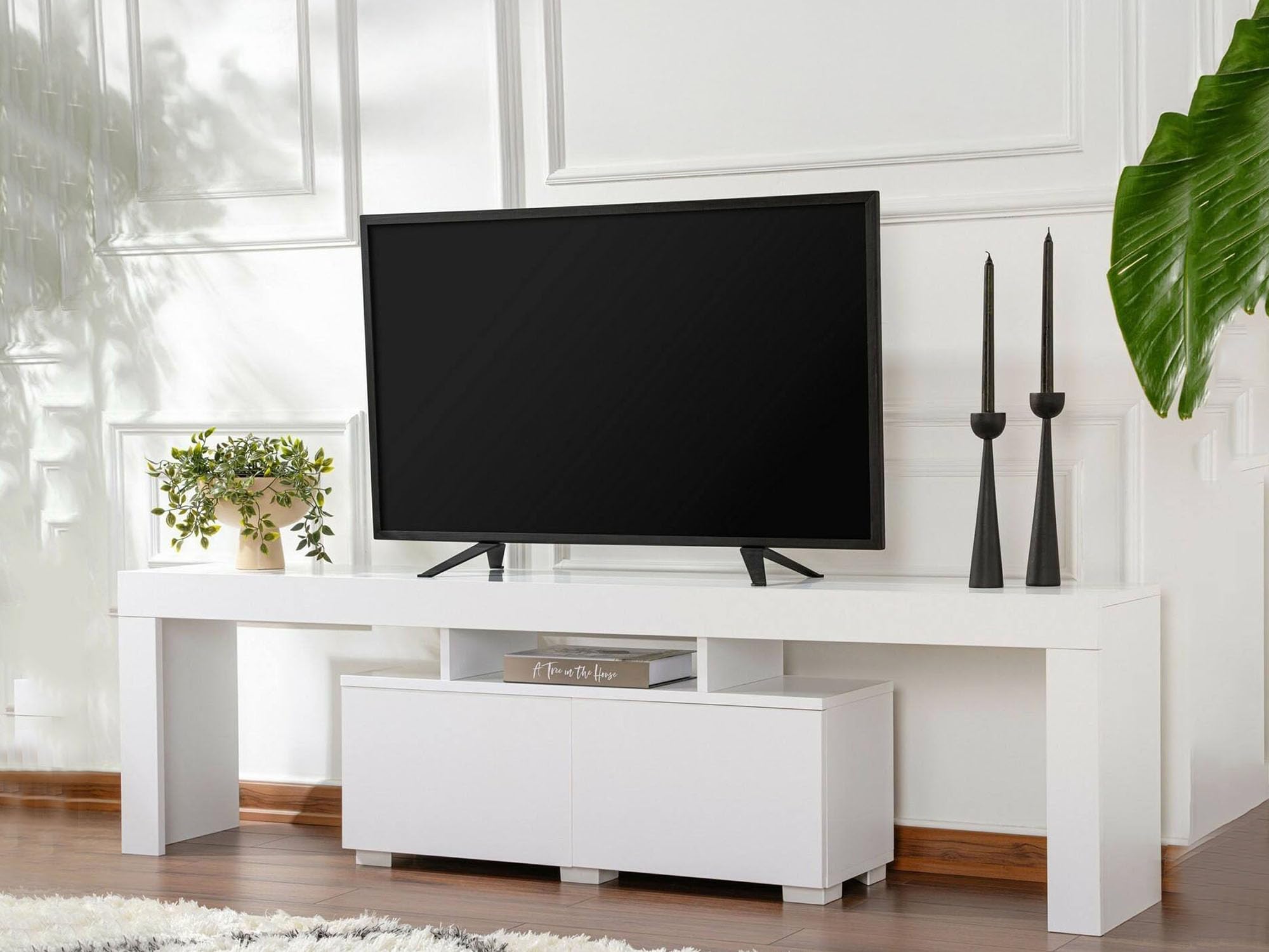 Dmora - Mobile porta TV Govone, Credenza da soggiorno, Armadio basso per TV, Base parete attrezzata, 180x31 h50 cm, Bianco
