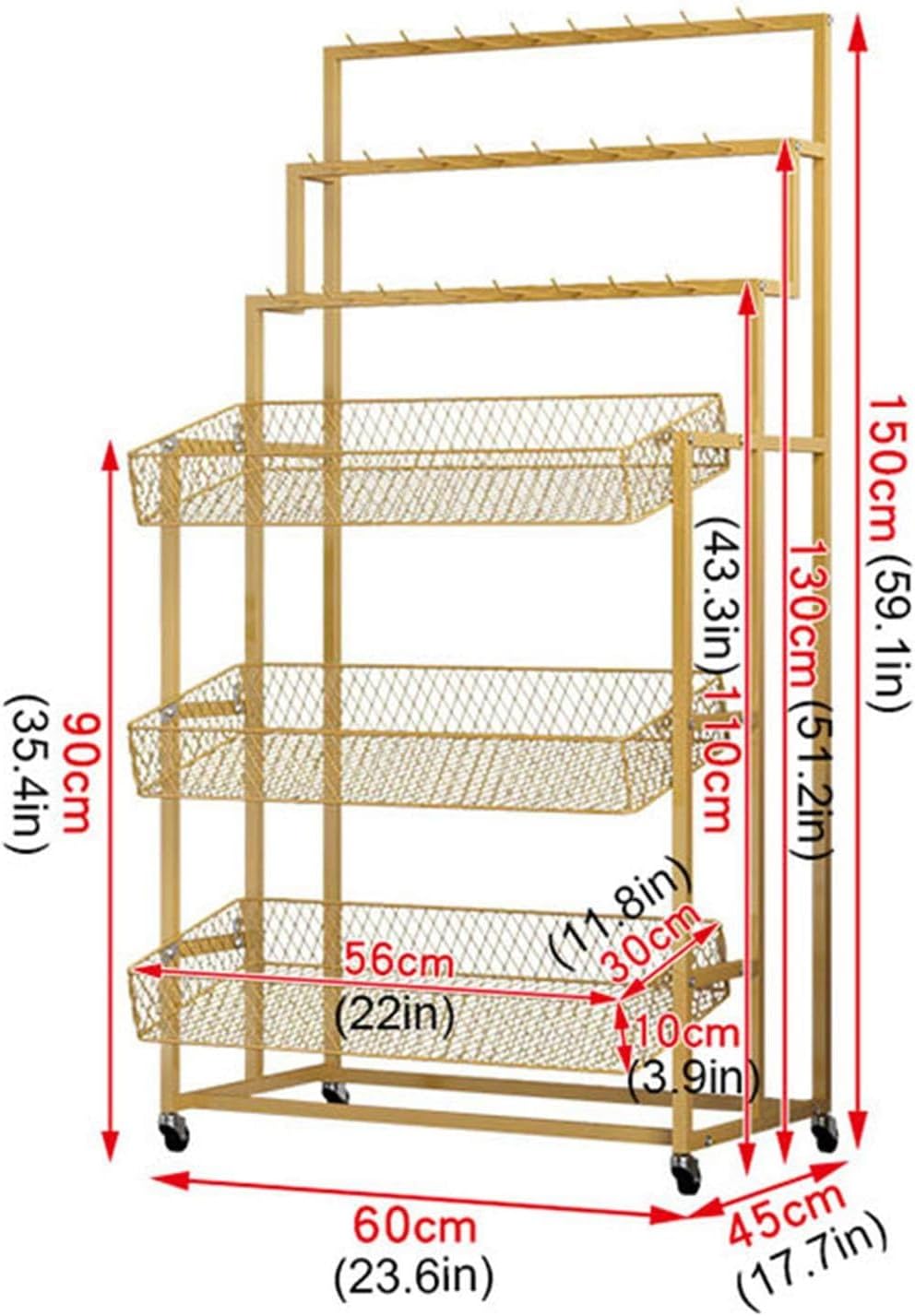 Belt Display Rack with 3-Tier Hooks & 3 Mesh Storage Baskets, Rolling Metal Organizer for Clothing Stores, Retail Belt Stand (Black, 60x45x150cm) image 2