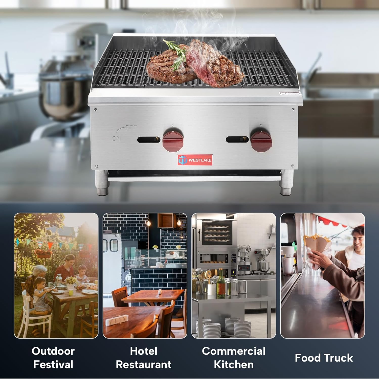 WESTLAKE 24"W Commercial Charbroiler Gas Countertop 2 Burner Natural Gas and Propane 60,000 BTU Char Broiler Stainless Steel BBQ Stove Grill for Restaurants