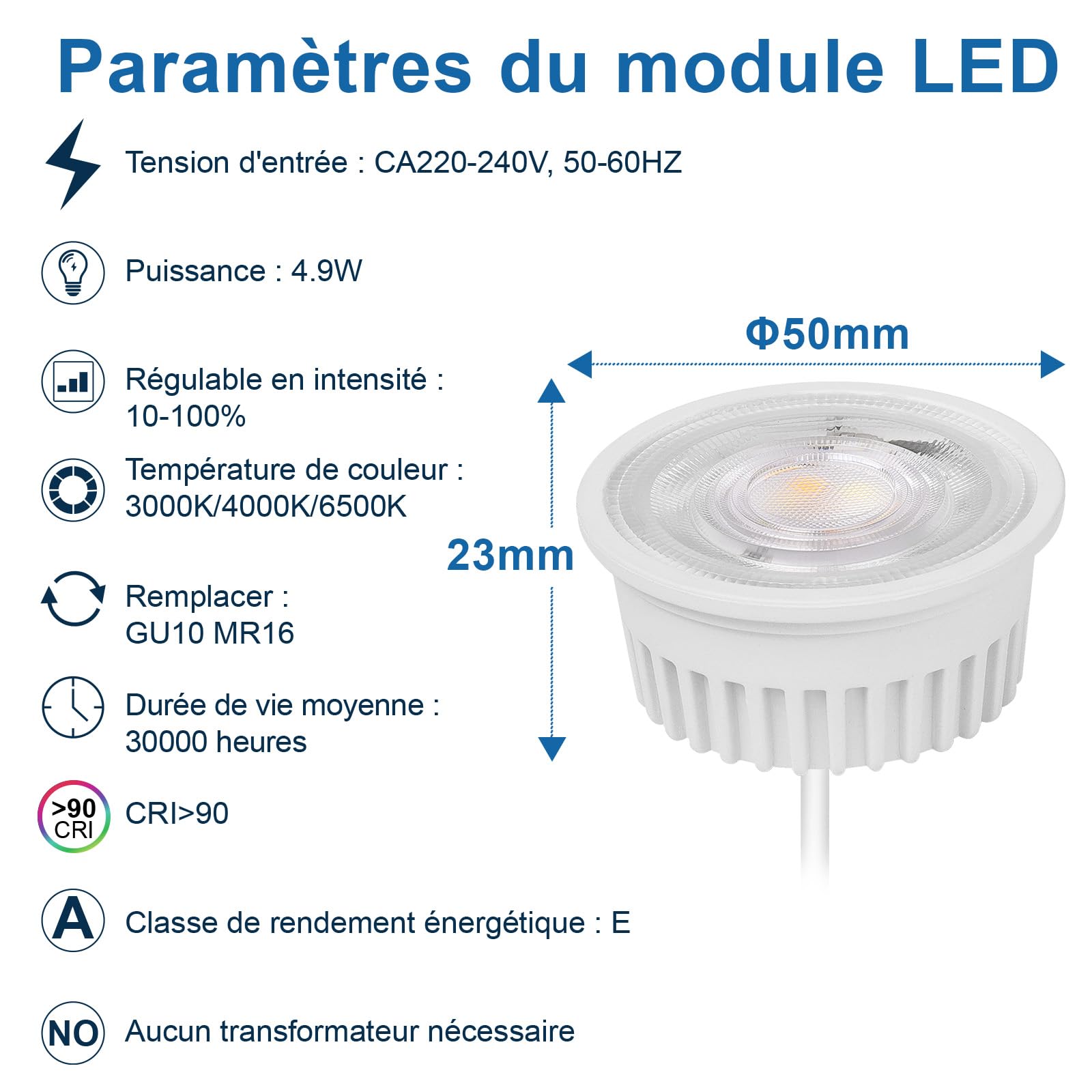 YindaLux Lot de 6 3CCT Module LED 230V - Ultra plat ø50*23mm Pour Spots Encastrés - 4.9W 500LM Angle de Faisceau 120° - 3000K/4000K/6000K Dimmable - Remplace les Ampoules GU10 MR16 - IP44 Etanche