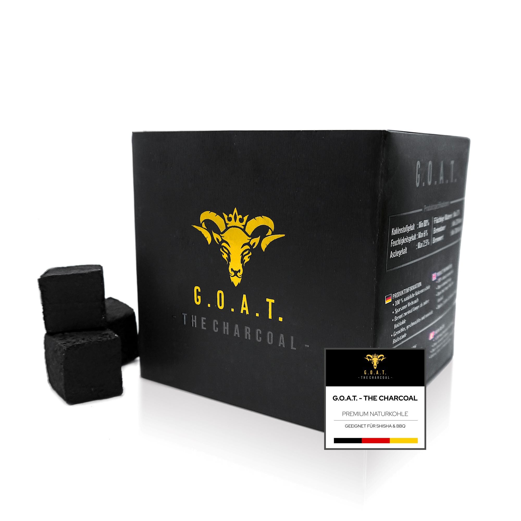 G.O.A.T Kokosnuss Kohle 20 kg 100% Kokusnussschale geruchlos geschmacklos, dampfarm & umweltfreundlich - perfekt für Lange Grill-Sessions im freien und unterwegs - Premium Ware
