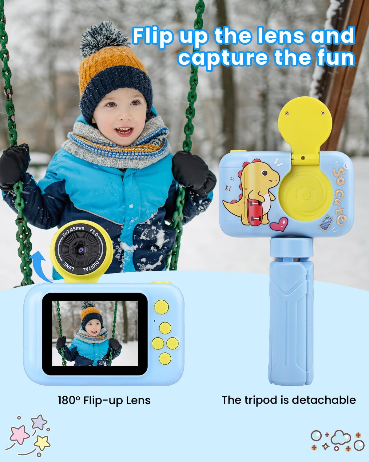 Fotocamera per Bambini con Treppiede, Macchina Fotografica Digitale Dinosauro per Ragazzi 3-10 Anni, 1080P, Display IPS 2.4", Obiettivo Rotante 180°, Scheda 32GB, Regalo Natale o Compleanno,Blu