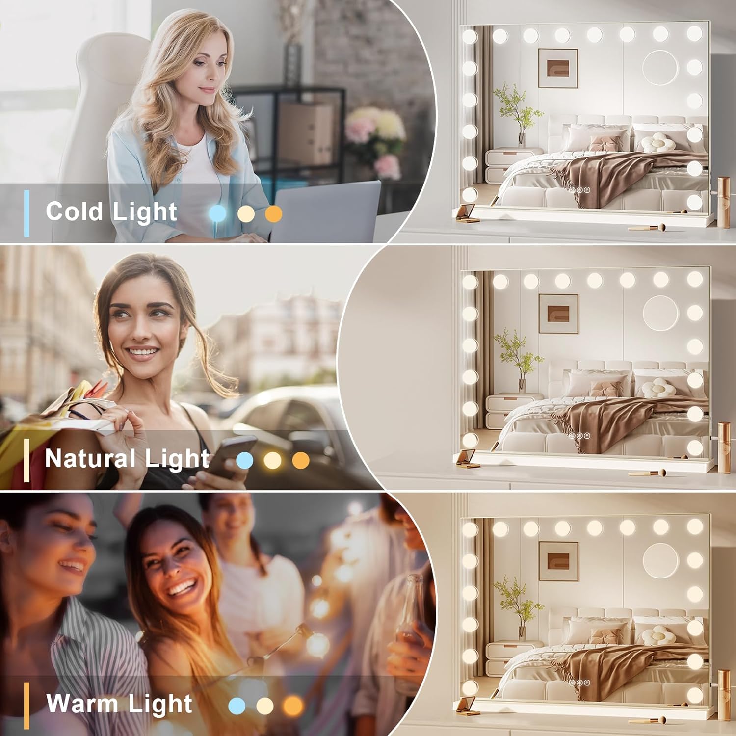 Moziel 80x60cm Specchio da Trucco Hollywood con Luci a 18 Led Montato a Parete o sul Tavolo, 3 Colori di Luce e Funzione di Luminosità Regolabile