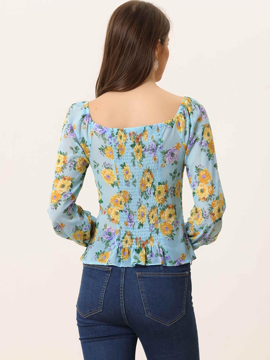 Allegra K Square Neck Tops for Women's Smocked Back Puff Sleeve Elegant Floral Blouse - Image 3