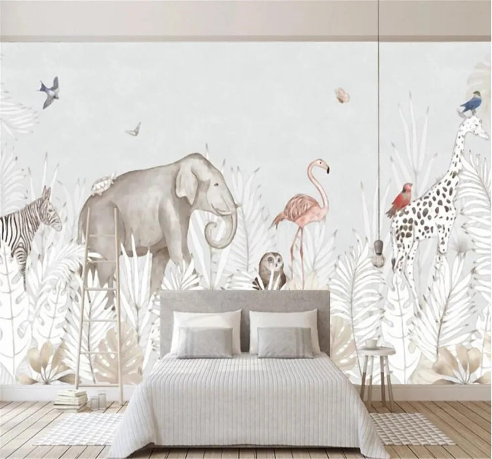 Tzxztt 250Cm×170Cm(B×H) Minimalist Hand Drawn Fresh And Light Elephants Giraffes Cartoon Modern 3D Wallpaper Premium Textured Silk Neutral Tones Material Ideal For Living Room Bedroom-250Cm×170Cm