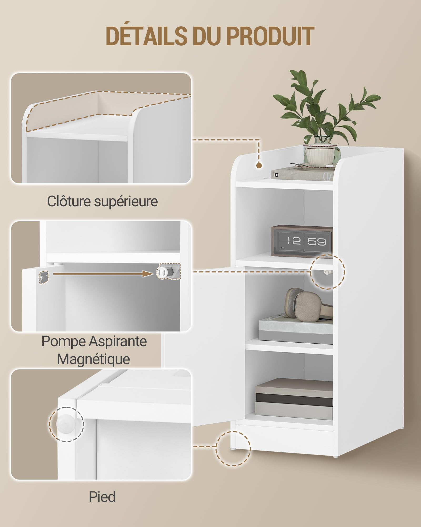 Hzuaneri Table de Chevet, Table d'Appoint Étroite avec 1 Porte d'Armoire