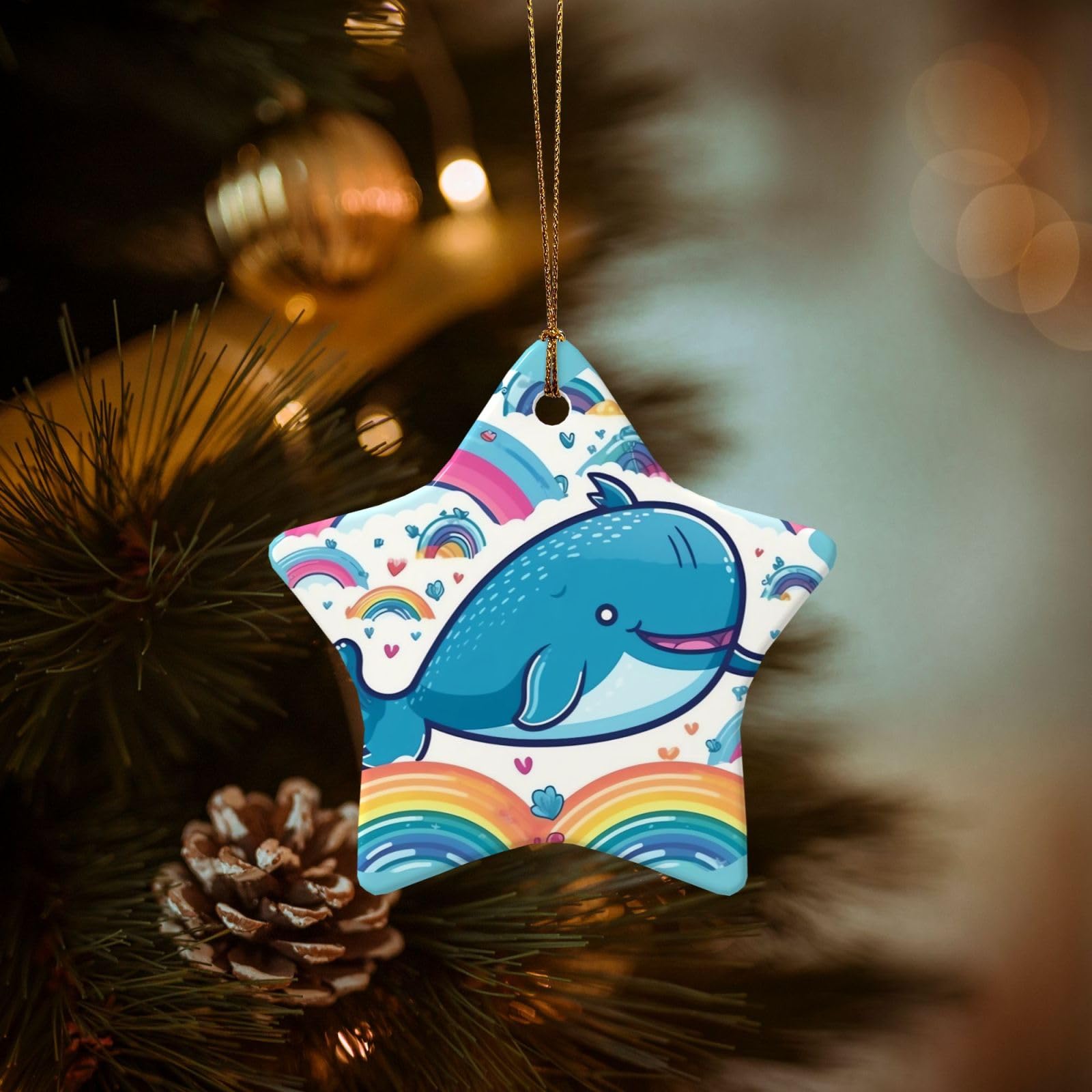 Christmas Tree Ornaments Ceramics Christmas Decorations Cartoon Whale and Rainbow Ornaments with Gold Ribbon Porcelain Xmas Tree Crafts Star Shape Hanging Pendant for Christmas Tree Party Decor