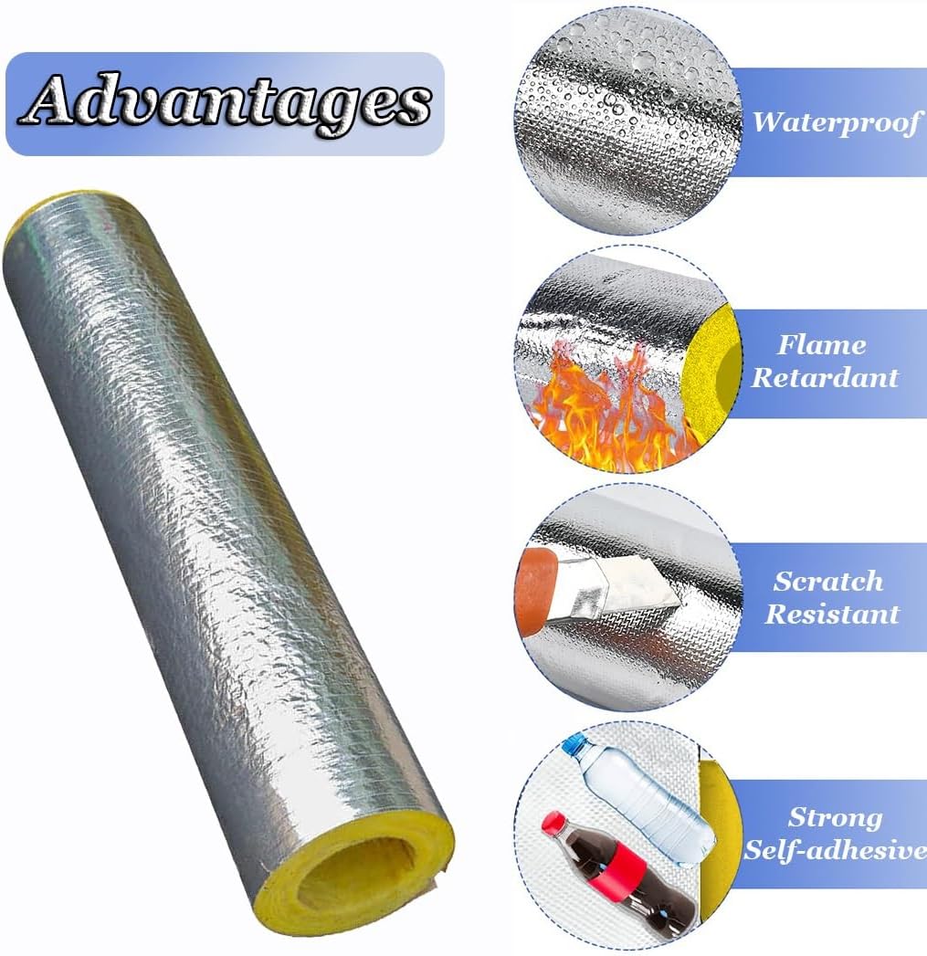 Rock Wool Insulation Tubing, Glass Wool Pipe, 30mm/50mm Thick Pre Slit Outdoor Pipe Insulation Wrap for Steam Insulation Pipe Covers, Foil Backed Pipe Insulation Lagging(133mmX50mm)