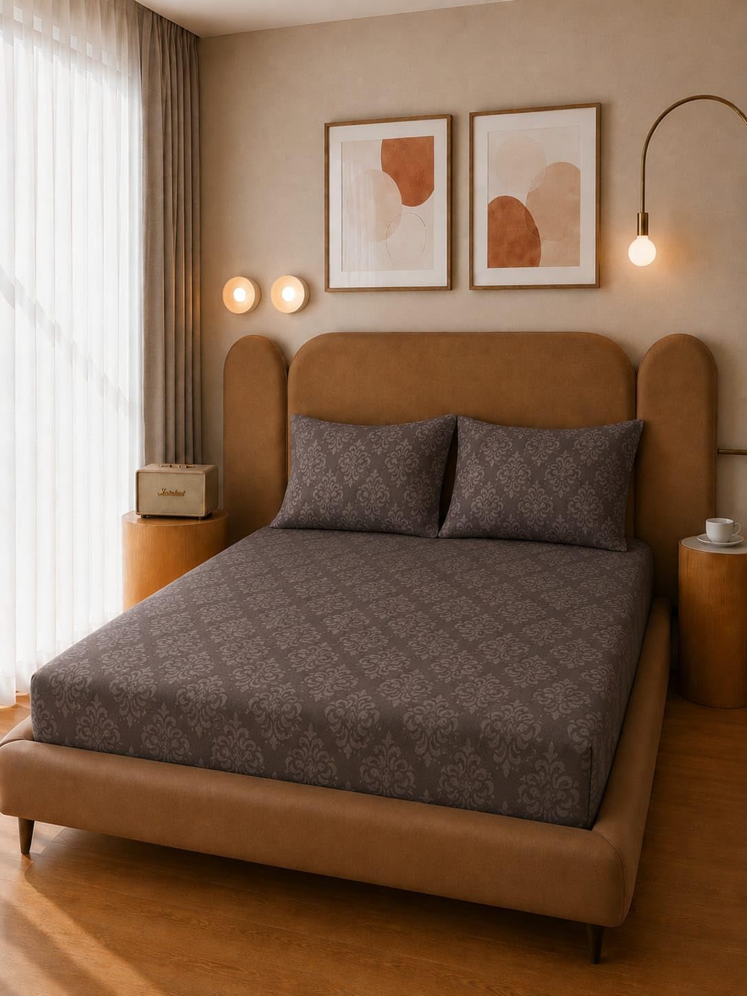 THE HOME STYLE Cotton Feel Glace Cotton Elastic Fitted Printed King Size Double Bed Bedsheet with 2 Pillow Cover Fits Upto 8 Inches Mattress, 300TC (72"x78", Mocha Barocca)