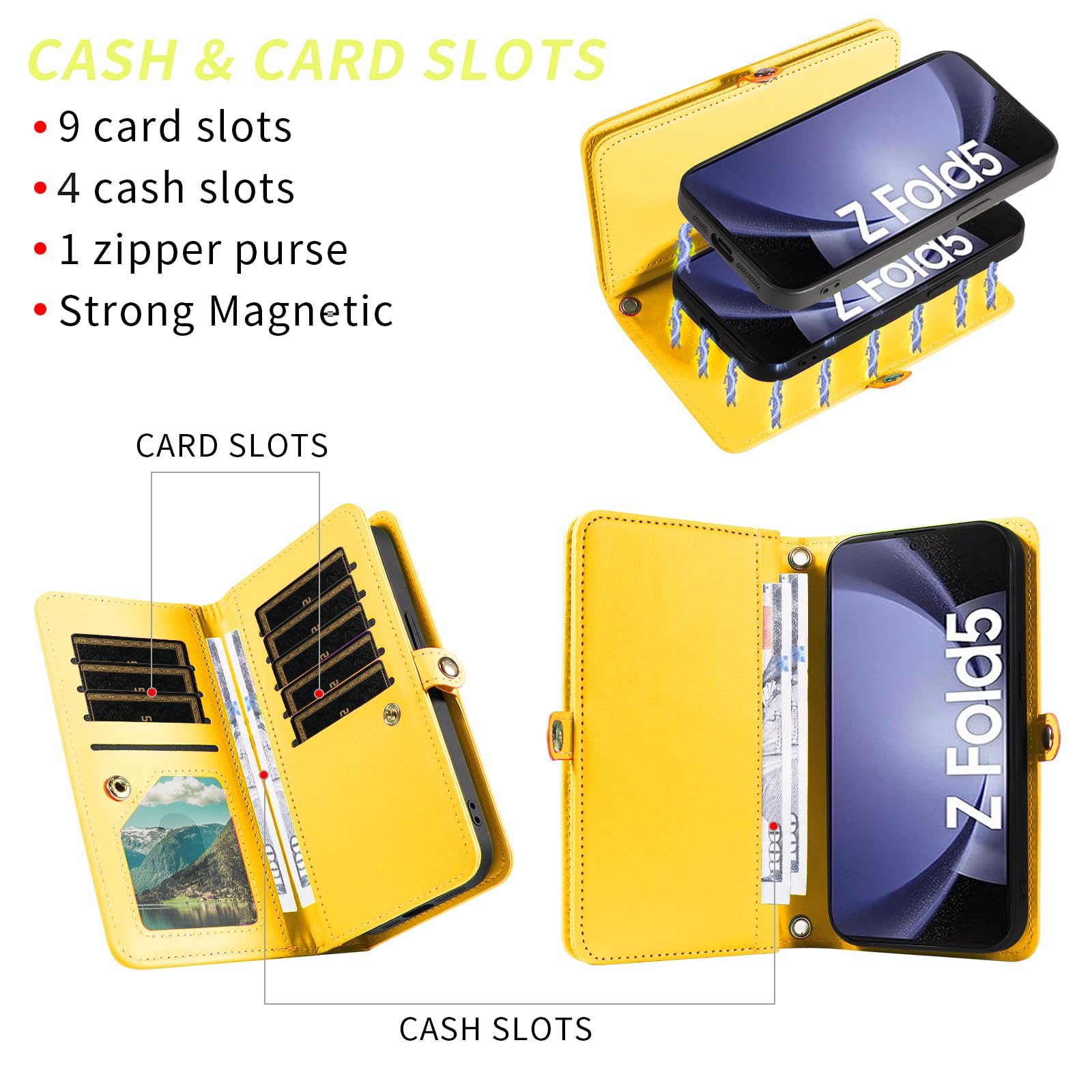Custodia per Samsung Galaxy Z Fold 5 5G 2023 Portafoglio con cerniera Custodia magnetica staccabile a tracolla Cordino Bling Glitter Flip Porta carte di credito Slot ZFold5 Z5 G Fold5 5Z Donna Giallo