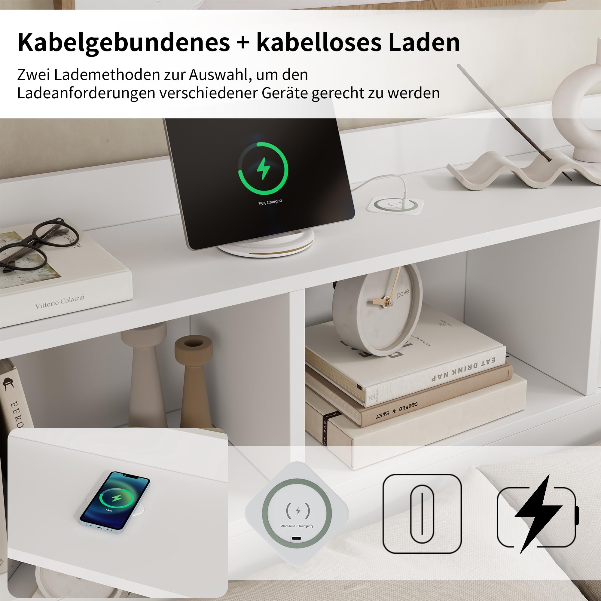 okwish Holzbett 140x200 cm Doppelbett, Funktionsbett mit Typ-C & Kabelloses Laden, Bett mit Stauraum - Stauraumbett mit Nachttischen, Schubladen & Stauschrank, Bettgestell mit Lattenrost, Weiß