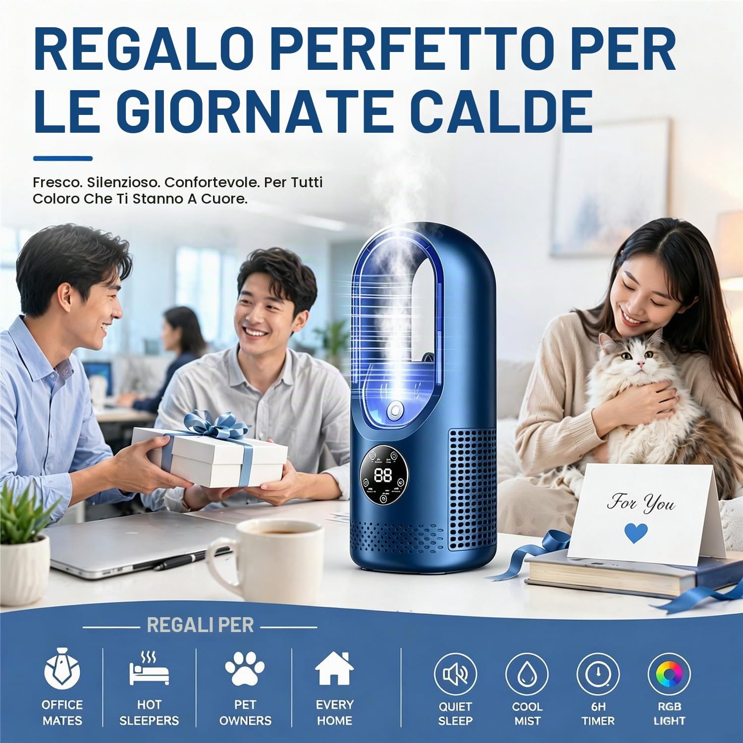 Ventilatore condizionatore portatile, mini condizionatore silenzioso senza pale con 6 velocità del vento e timer 1-6H, umidificatore, alimentato tramite USB, unità mini AC a risparmio energetico, da