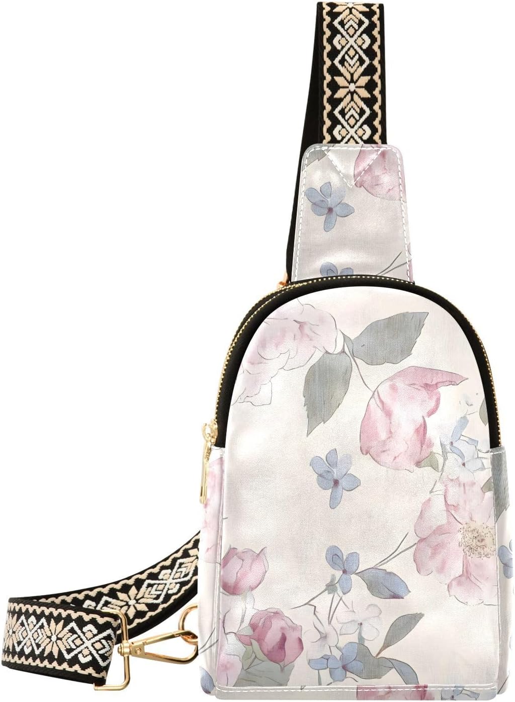 Womens Crossbody Bag Floral Plants Print PU Leather Sling Bag with Adjustable Strap Zipper Closure Water Resistant