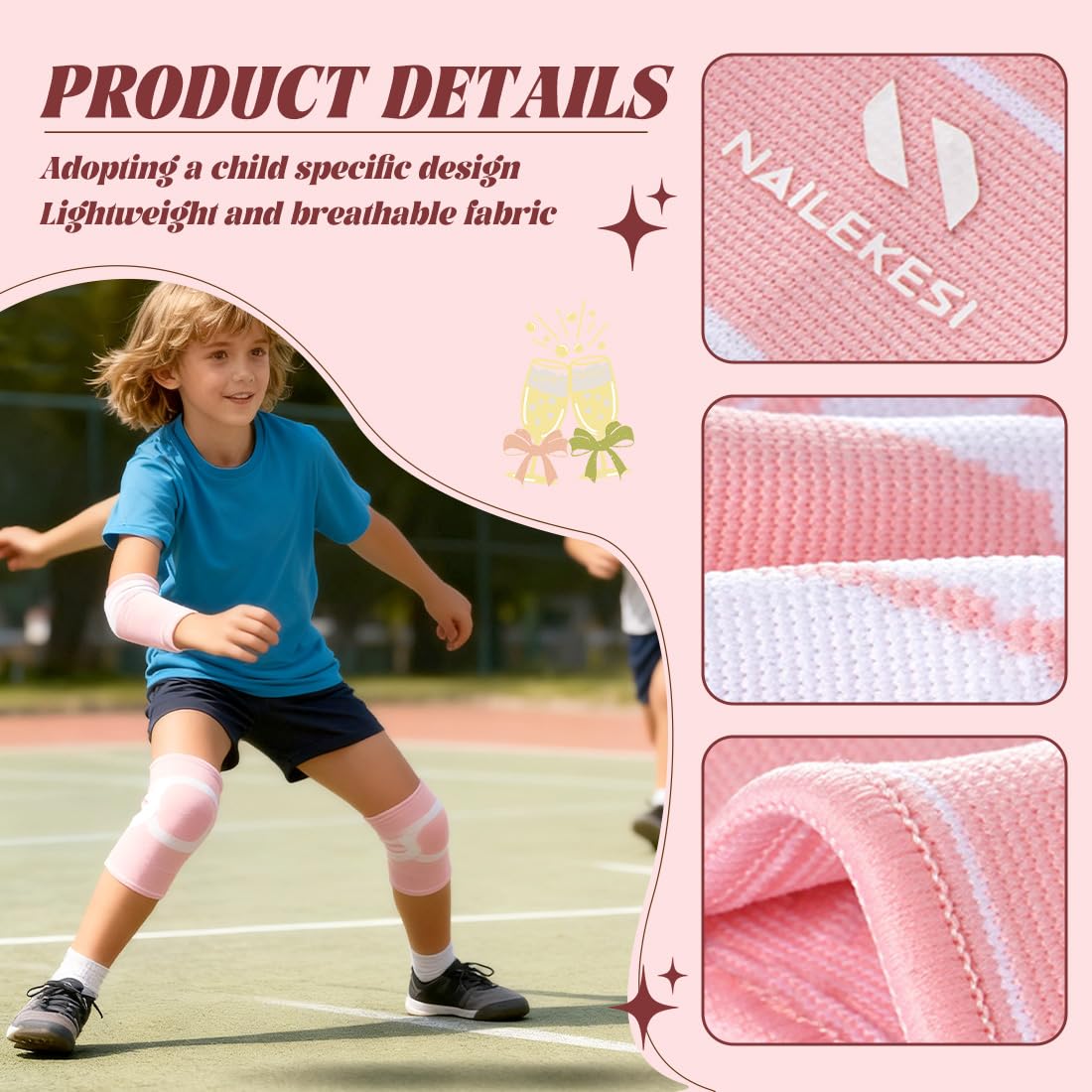 1 Par Rodilleras para Niños,Rodilleras Voleibol,Protectores de Rodillas,Elásticos,Transpirables para Niños Niñas Baloncesto,Voleibol, Rosa,Apto para Niños de 10 a 15 Años,35-50 kg