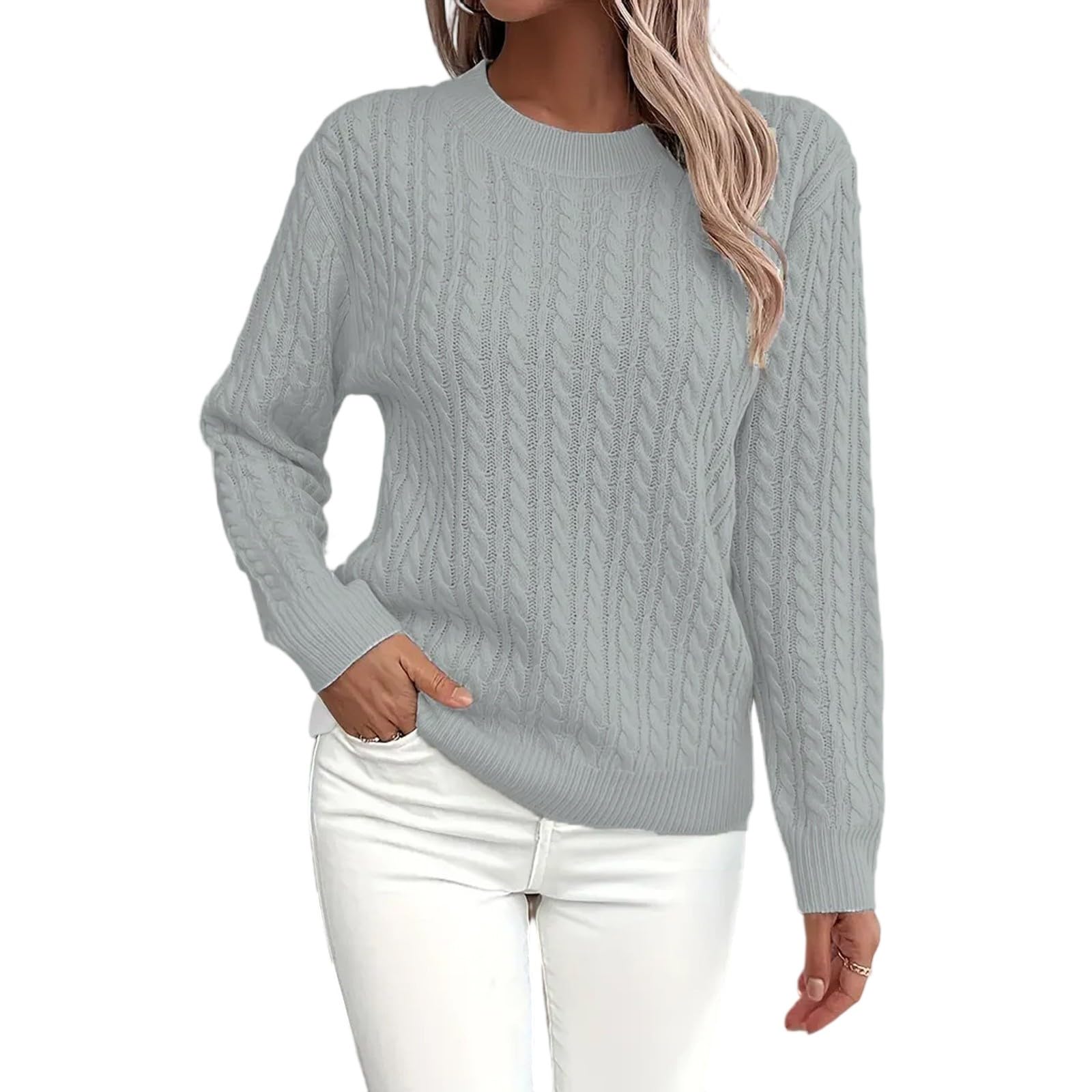 SGASY Women Sweaters Fall Winter Tops Clothes Fashion Long Sleeve Soft-Touch Modern Cable Crewneck Sweater
