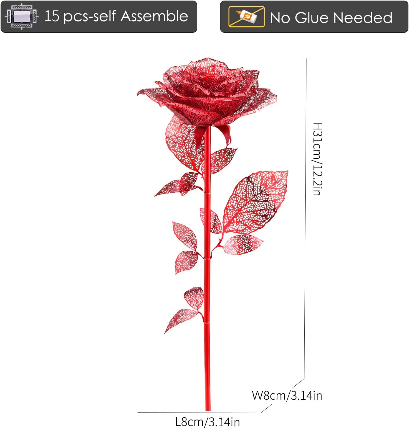 Piececool 3D Metal Puzzles Rose Flower Model Kits, Artificial Fake Flowers Metal Building Kit DIY 3D Puzzle for Adults, for Father Mothers Valentines Day, 15Pcs