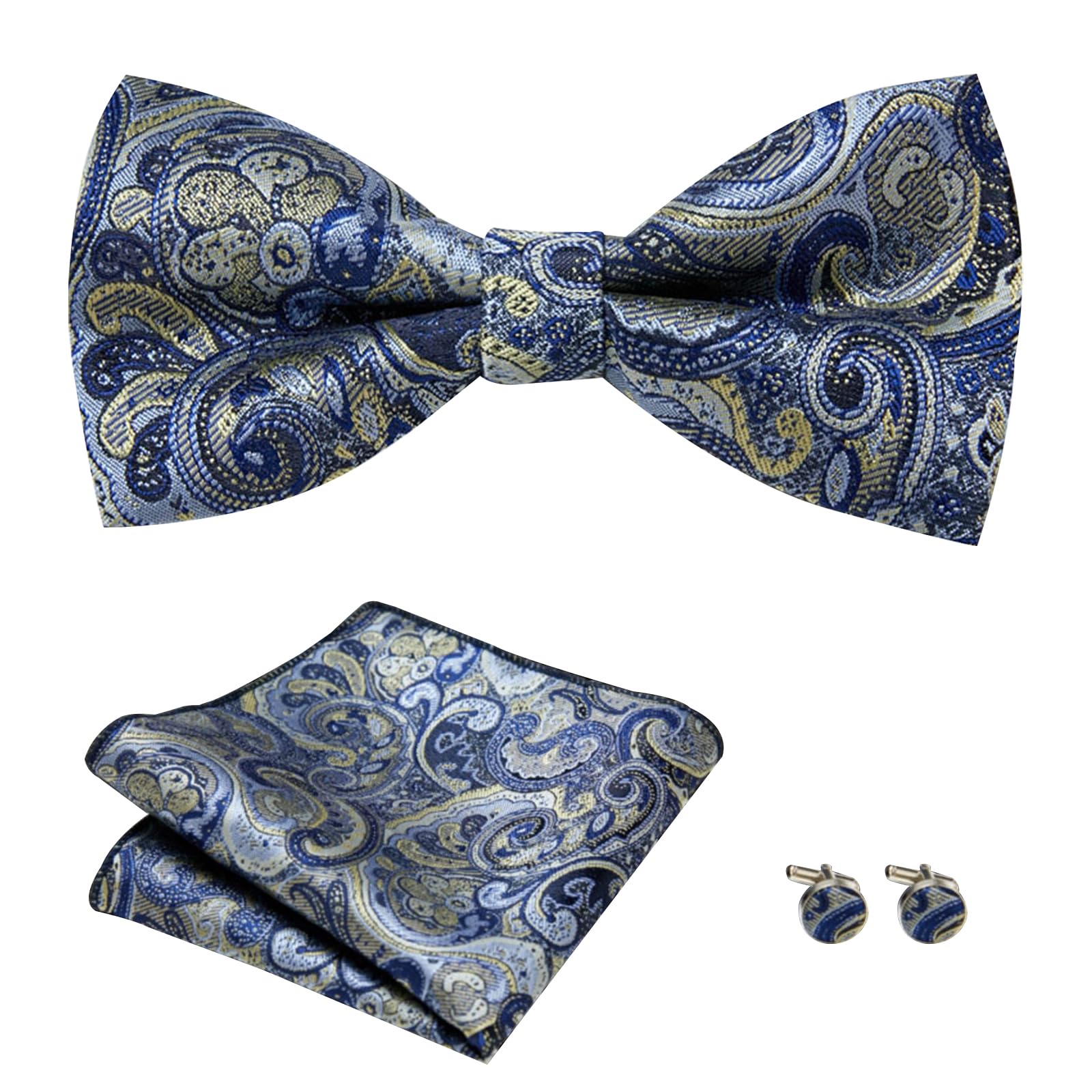Fliege Herren und Manchettenknoepfe mit Einstecktuch Set, Verstellbare Polyester Vorgebunden Fliege Anzug Für Hochzeit Smoking Party