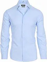 Camisa social masculina slim fit, manga comprida, tecido de poliéster, sem rugas, elasticidade em 4 direções