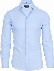 Camisa social masculina slim fit, manga comprida, tecido de poliéster, sem rugas, elasticidade em 4 direções