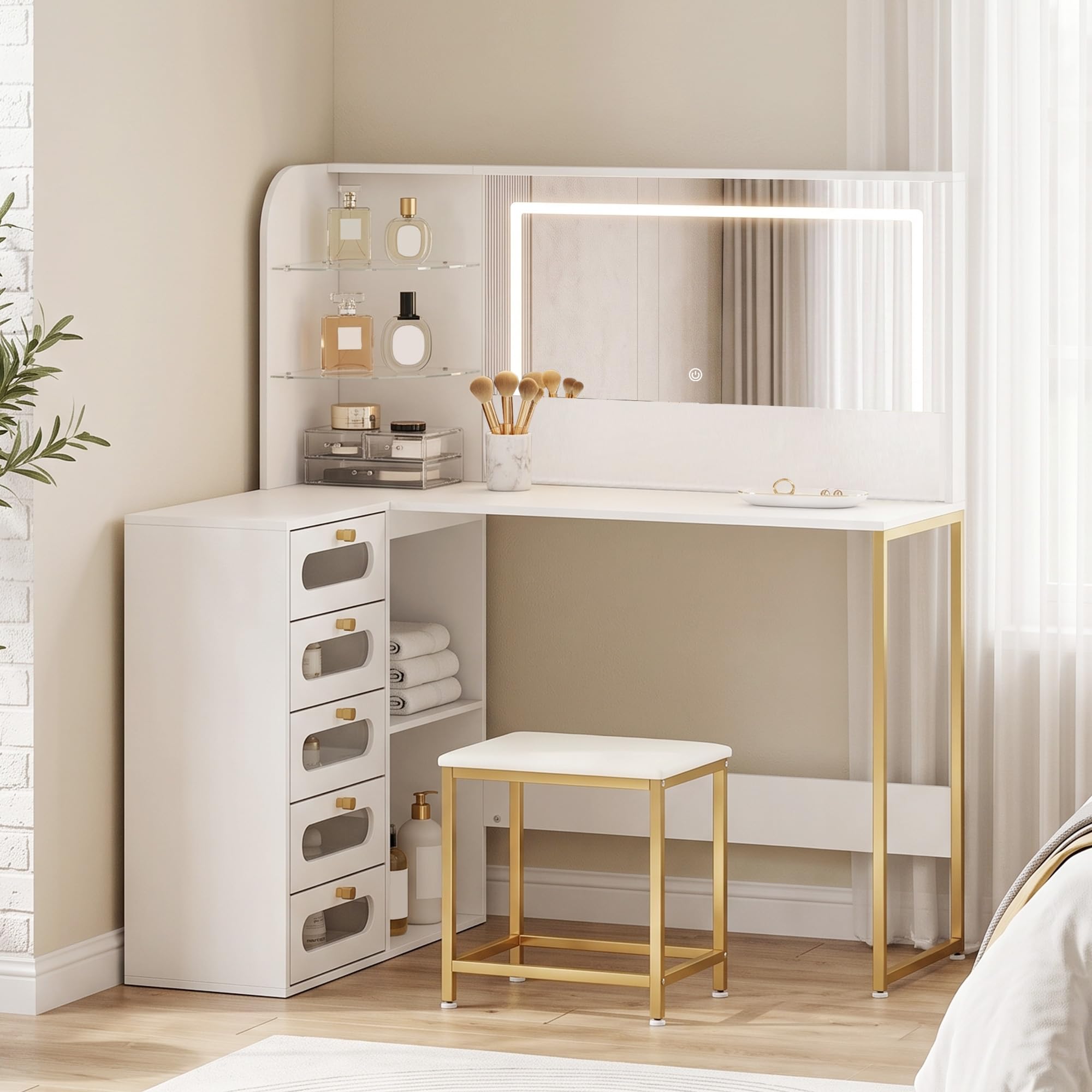 HOMCOM Tocador de Maquillaje con Espejo LED Regulables Taburete Blanco