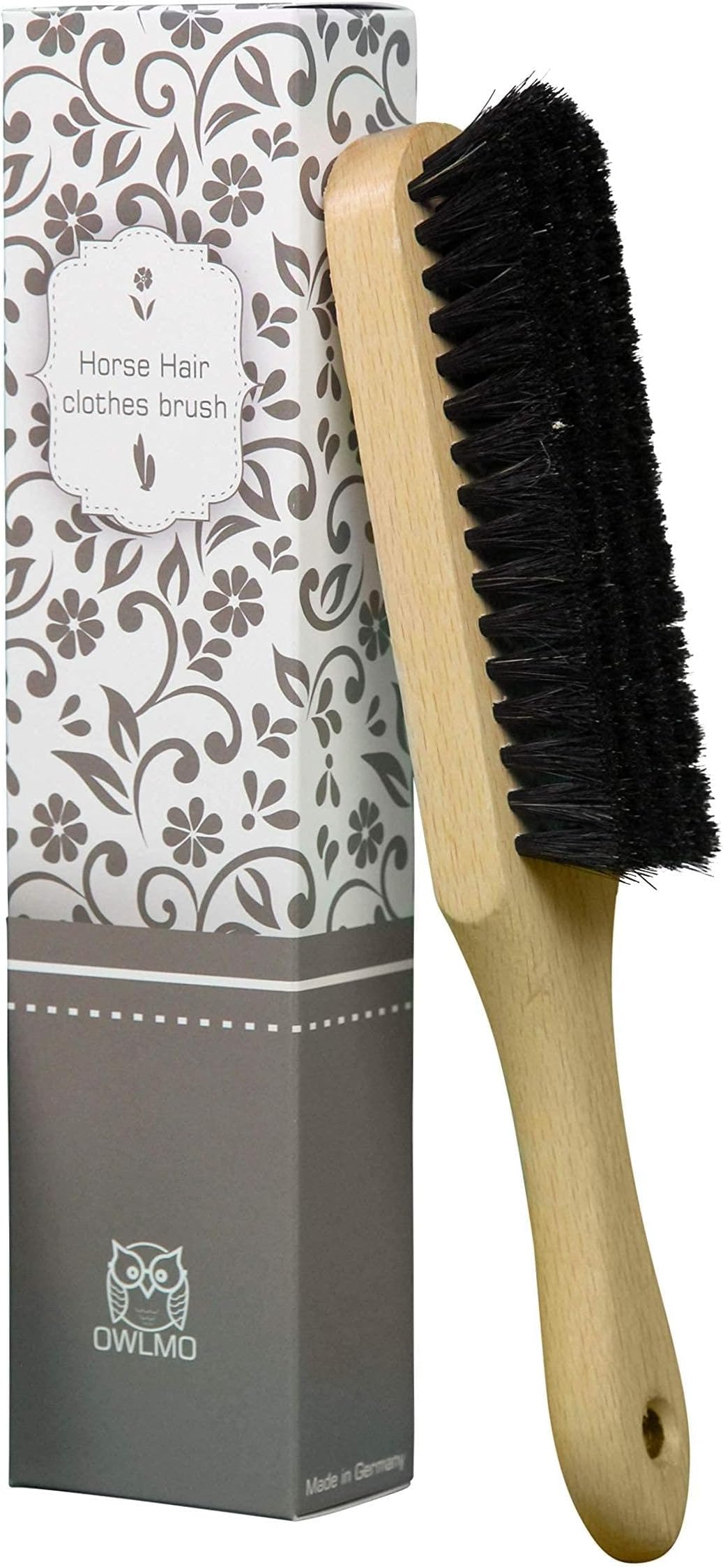 Practical Horse Hair Clothes Brush with Handle | Hanger Hole | Beech Wood with Clear Protective Lacquer | 25 x 4 cm | Ecologically-Friendly Packaging