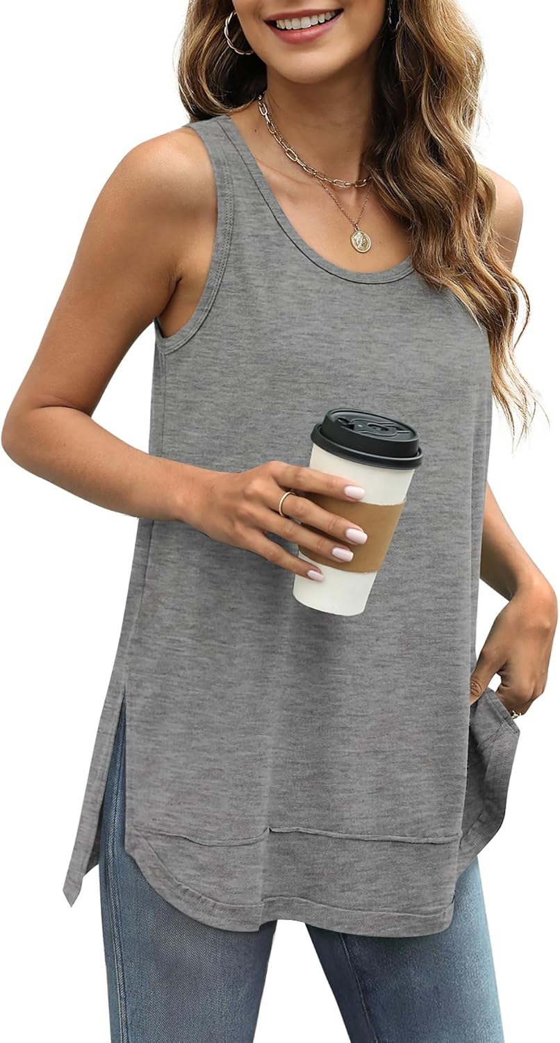 WIHOLL Loose Fit Tank Tops for Women Scoop Neck Summer Side Split Sleeveless Shirts 2026 Fashion
