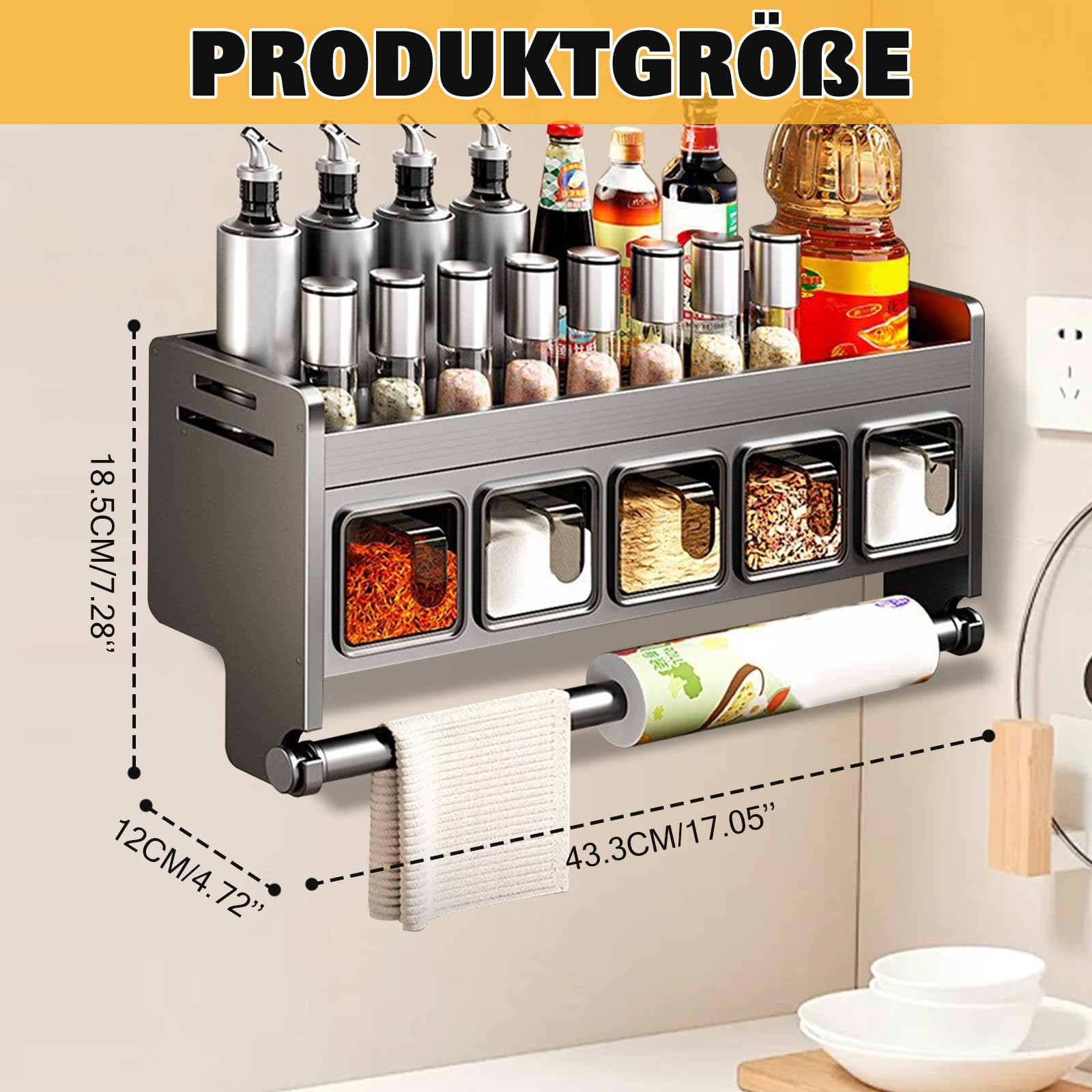 Estantería para especias con botes de especias, estantería de cocina de pared sin necesidad de taladrar, juego de combinación de organizador de cocina y estante de almacenamiento, estante para